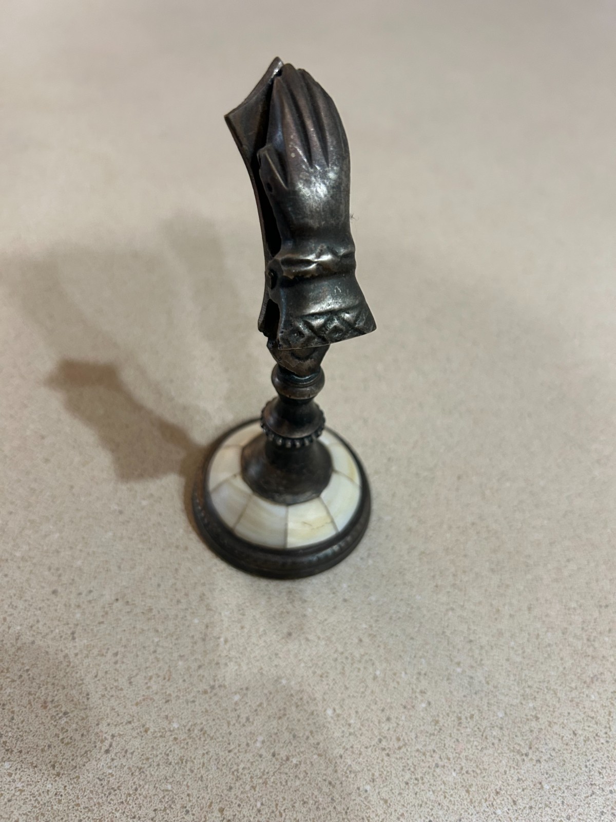 Victorian Hand Note Clip Bronze Finished Metal Steam Mother-of-Pearl Inlay Base