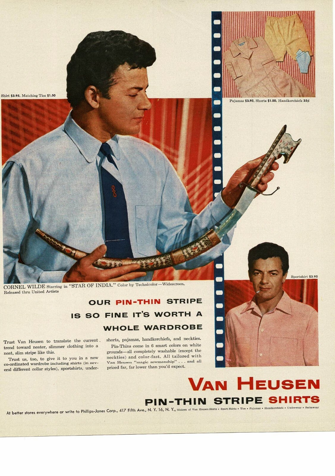 1954 VAN HEUSEN Pin-Thin Stripe Men\'s Shirts CORNELL WILDE VINTAGE PRINT AD