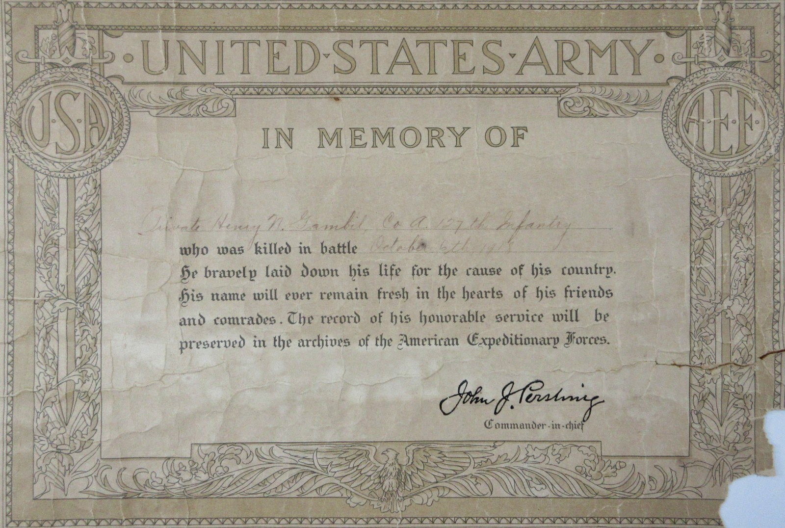 WWI AEF KIA Certificate US Army Killed in Action 127th Infantry Pershing 1918