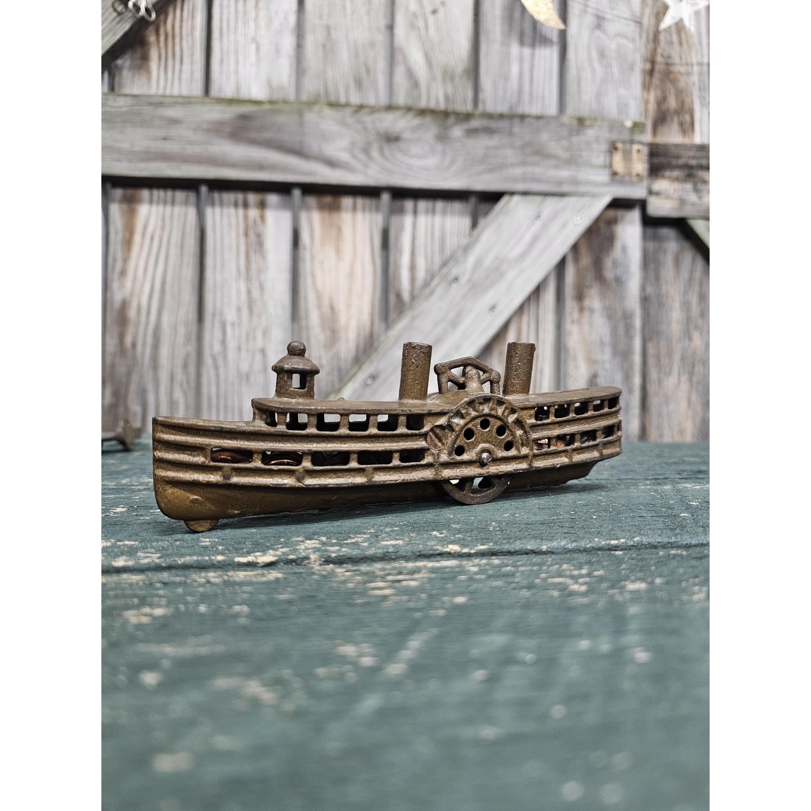 Antique Cast Iron Steamboat Coin Bank Paddle Wheel Coins Inside Mechanical