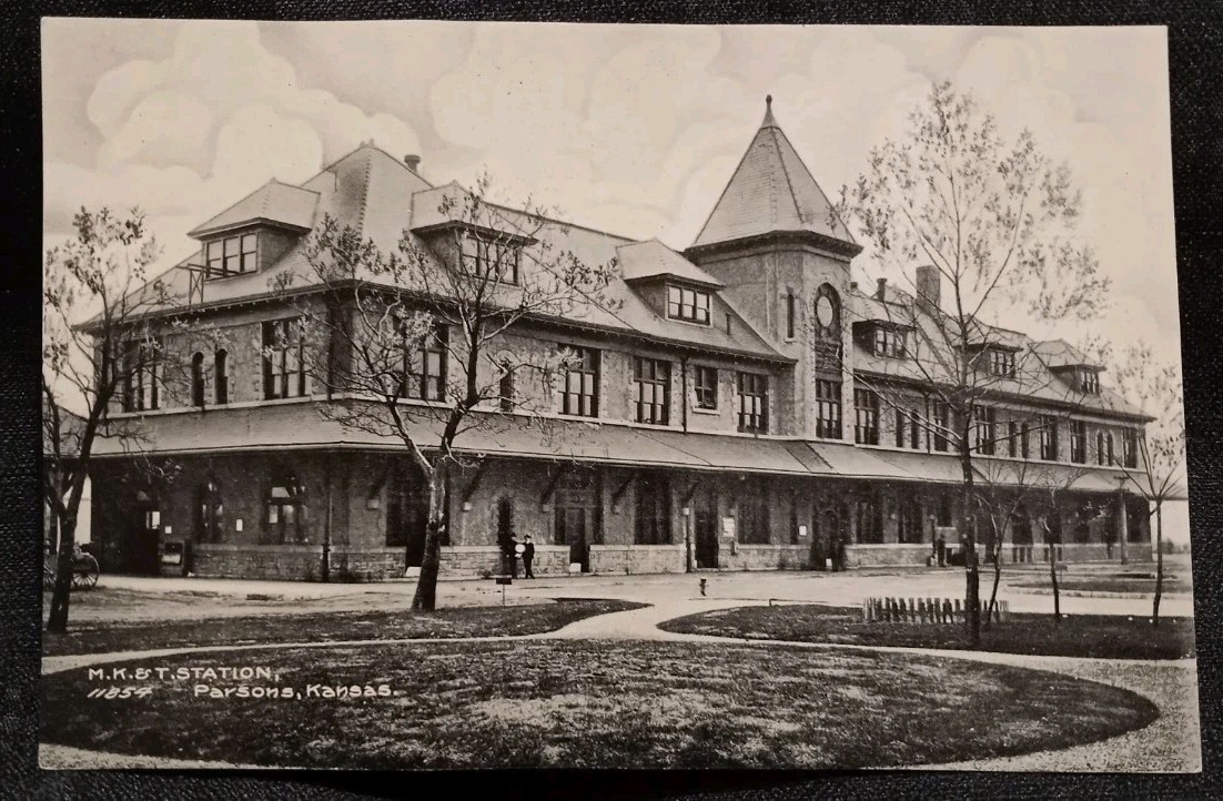 Vintage 1900s M. K. & T. Station Parsons, Kansas Postcard Train Station Railroad