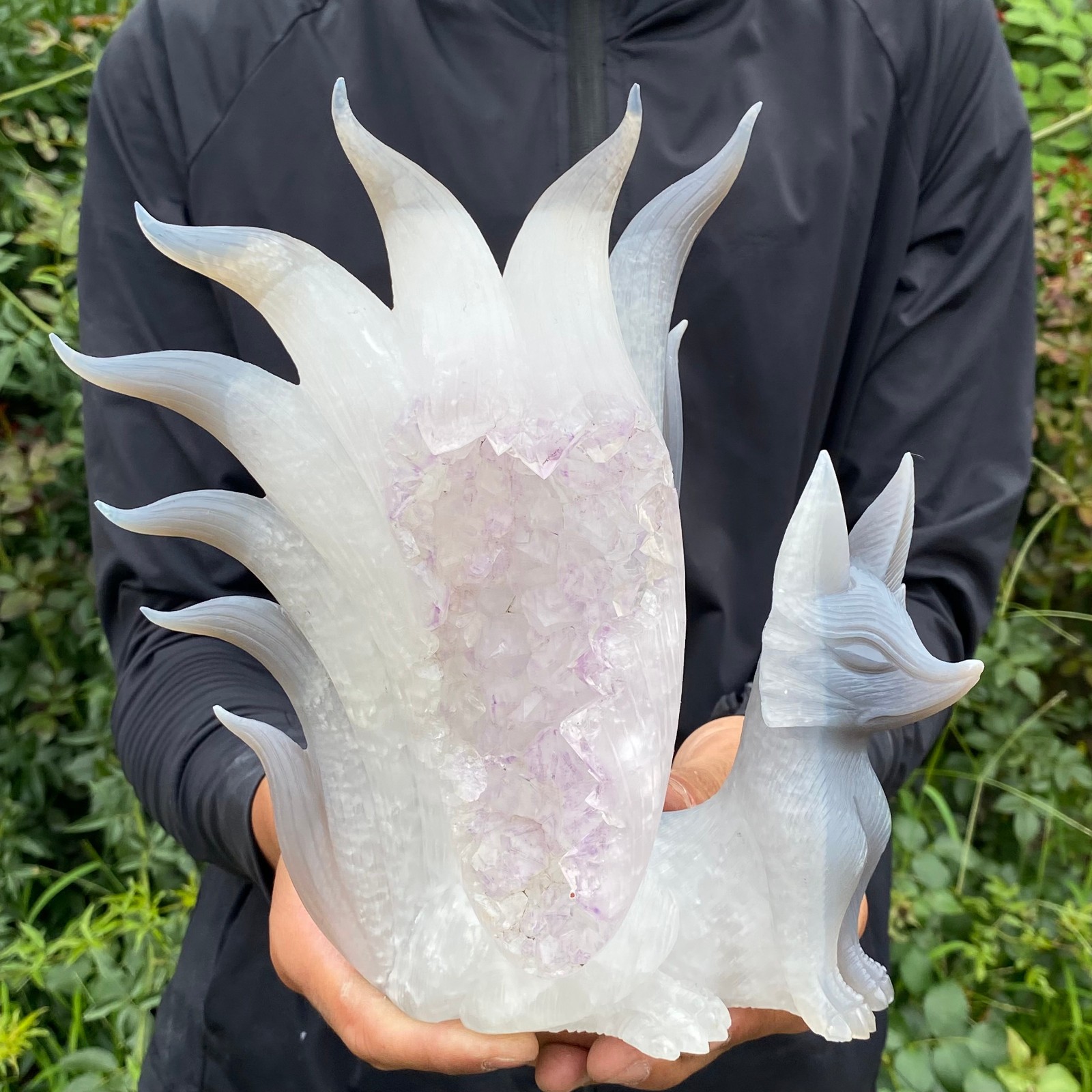 5.6LB   Natural Amethyst Geode Hand Carved Nine-tailed Fox Quartz Crystal Decor