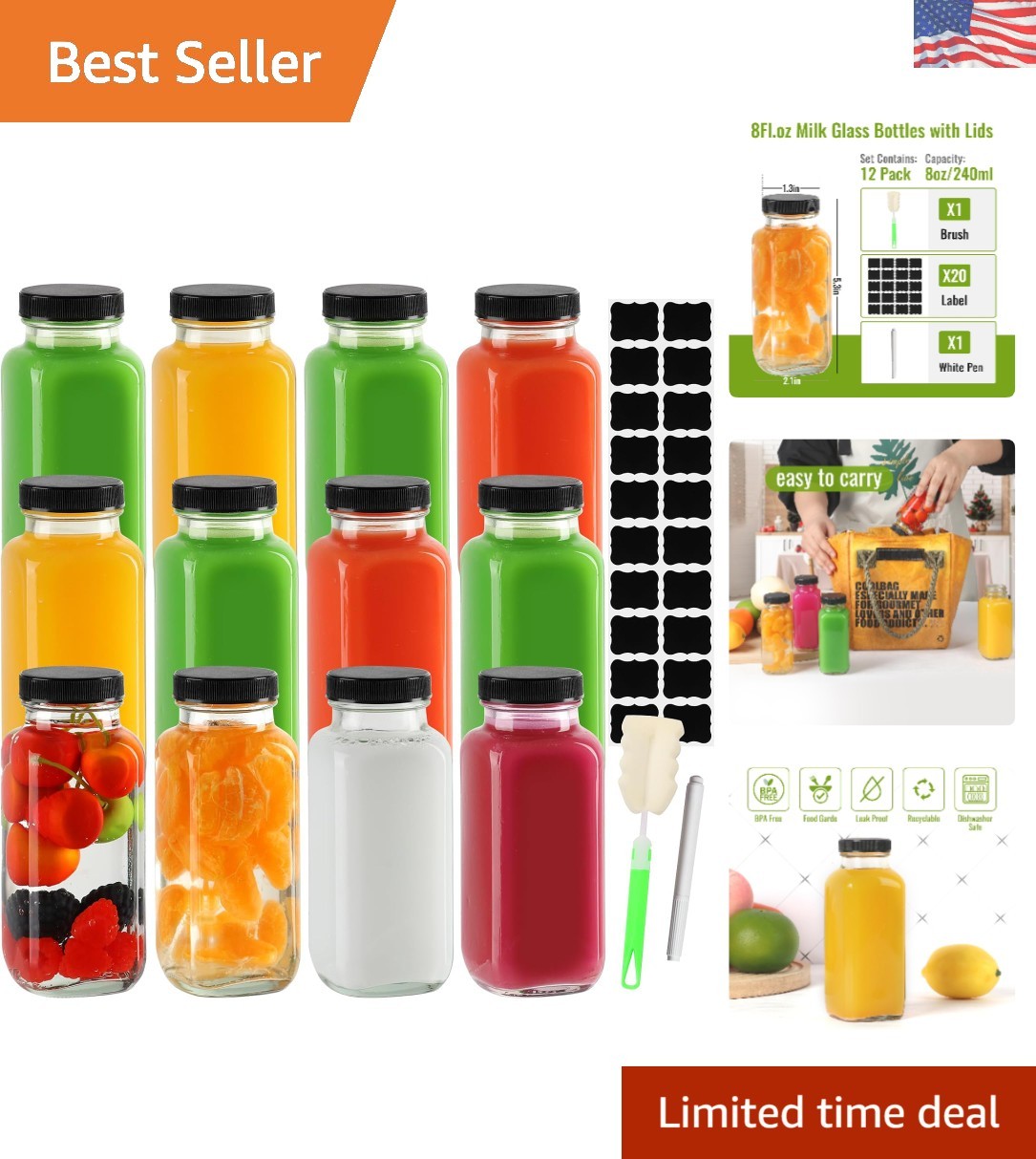 Versatile 8 oz Glass Bottles for Juices & Smoothies - 12 Pack, Dishwasher Safe