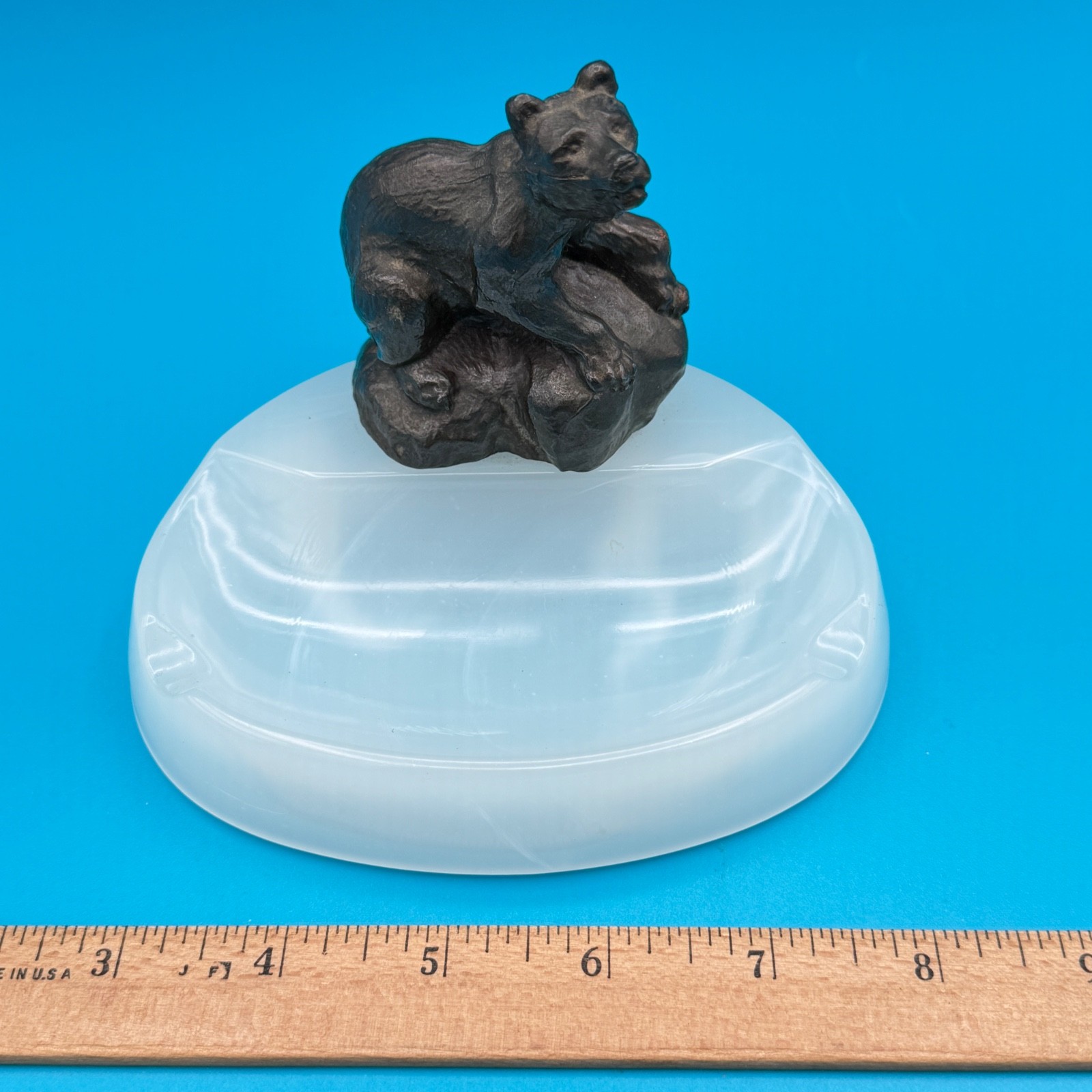 Vintage Houze Opal Slag Glass Ashtray / Trinket Dish Bronze Plated Bear Art Deco