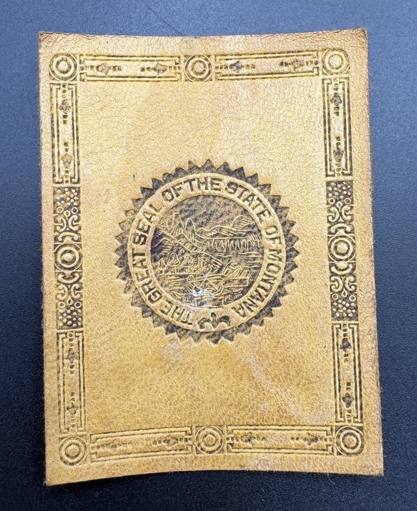 c1910 L23 Montana Great State Seal Tobacco Leather Antique Gold Black