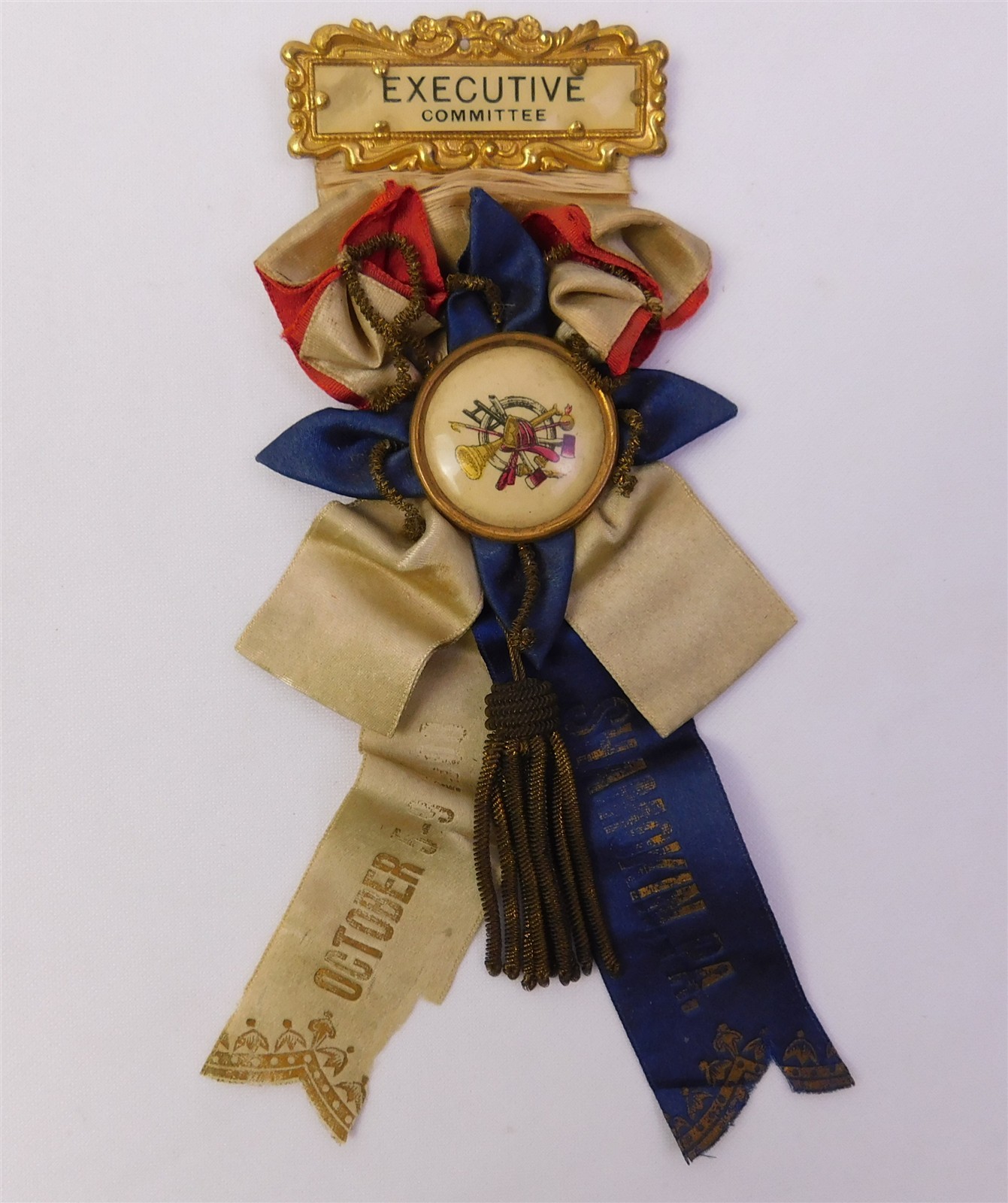 1908 Fire Dept Ribbon Badge Cockade Shamokin PA Antique Celluloid Executive Comm