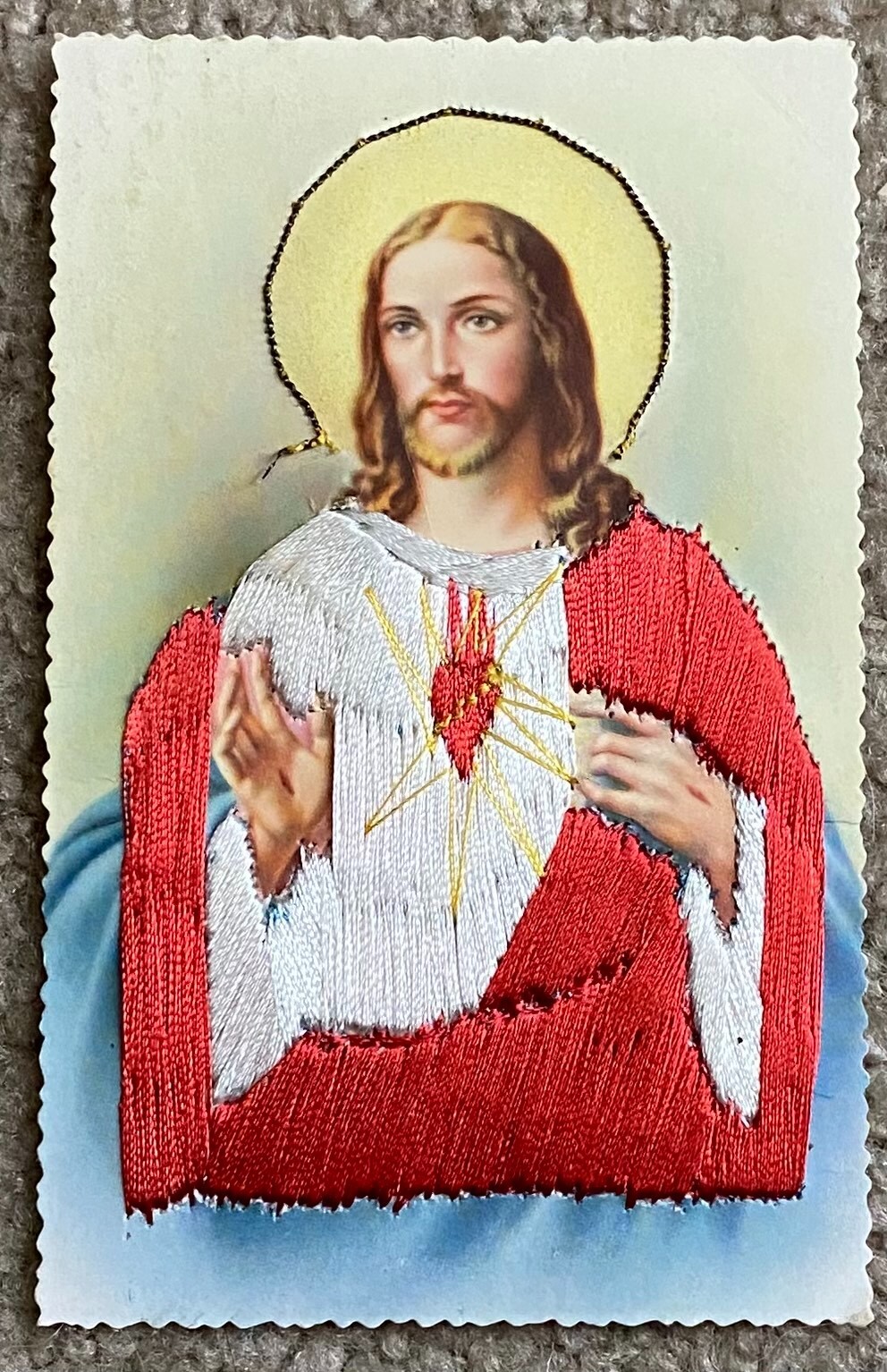 Vintage Romarli Zaragoza Embroidered Sacred Heart Of Jesus Catholic Spain 5x3