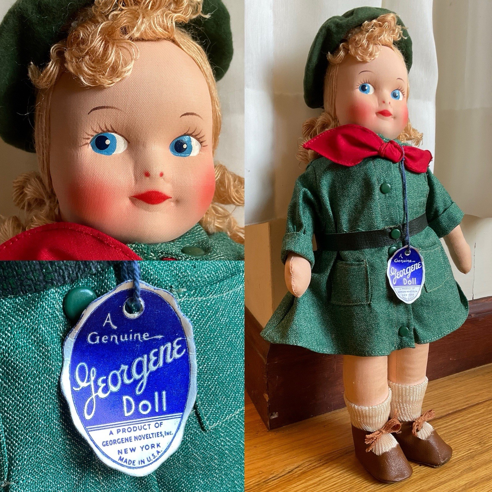 1946 VINTAGE GIRL SCOUT 13” ALL CLOTH GEORGENE NOVELTIES DOLL COMPLETE With Tag