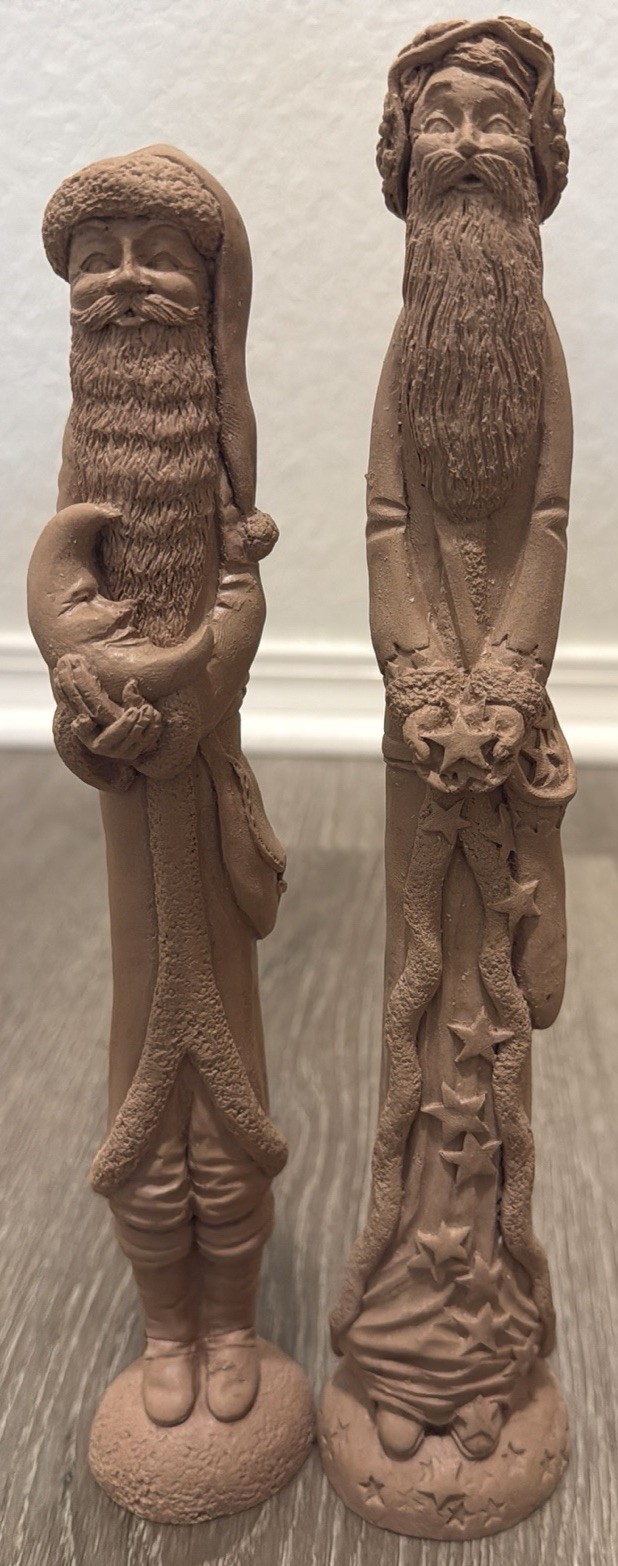 2 Vtg Jim Shore Skinny Santa Pencil Figurines Signed Unfinished 1989 Moon Stars