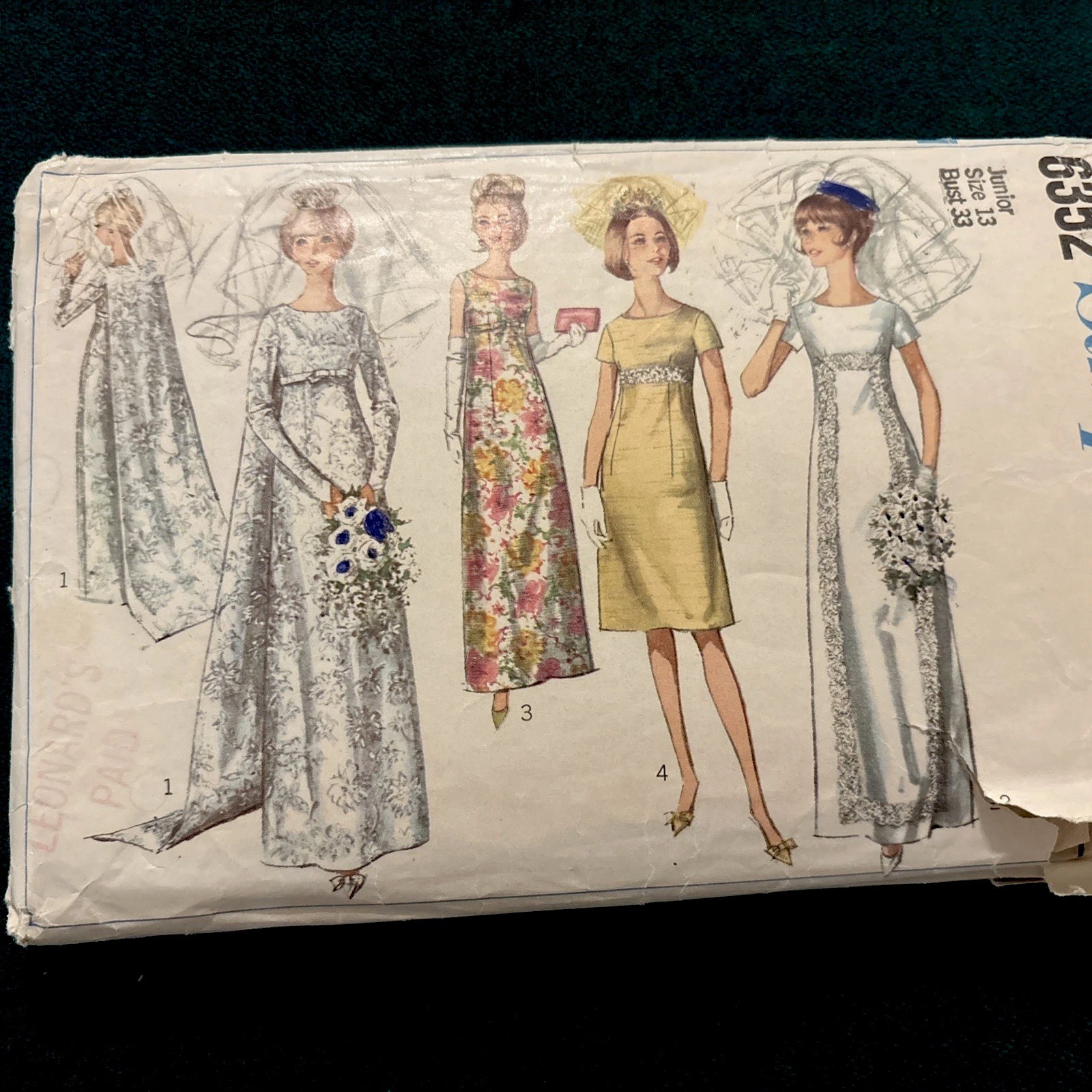 1965 RARE Wedding+Bridesmaid Dress+ Train Simplicity 6352 Pattern Sz 13 Jr Cut