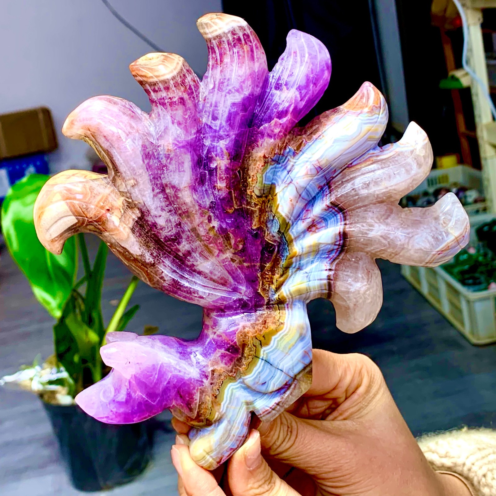 1.73LB Natural Amethyst Agate symbiosis  Crystal Hand carved nine-tailed fox