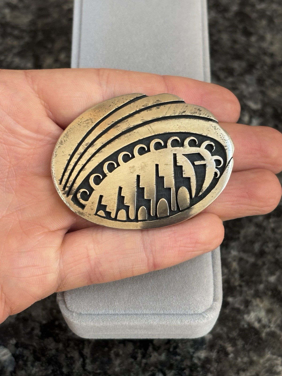 Vintage Hopi Harold Lomayaktewa Native Sterling Silver Overlay Belt Buckle - 36g