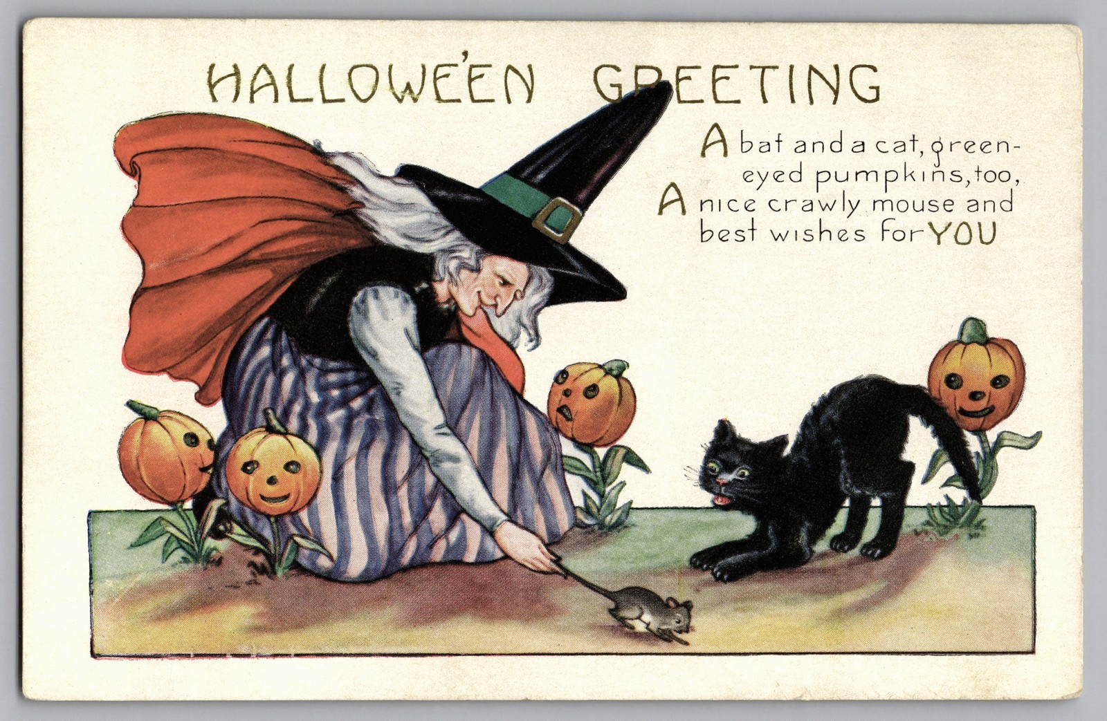 Vintage Halloween Postcard Whitney Witch Black Cat JOLs  Mouse Embossed Unposted