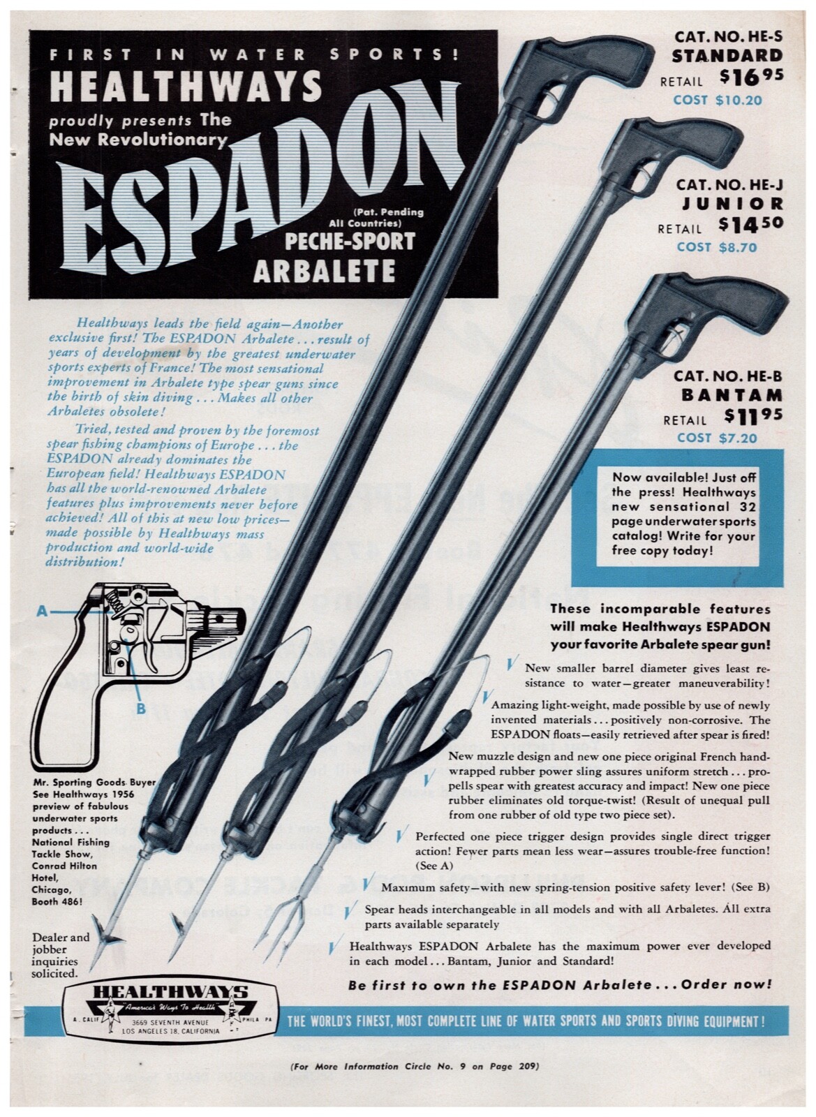 Espadon Spear Gun Vintage Print Ad 1955  Healthways California #0569