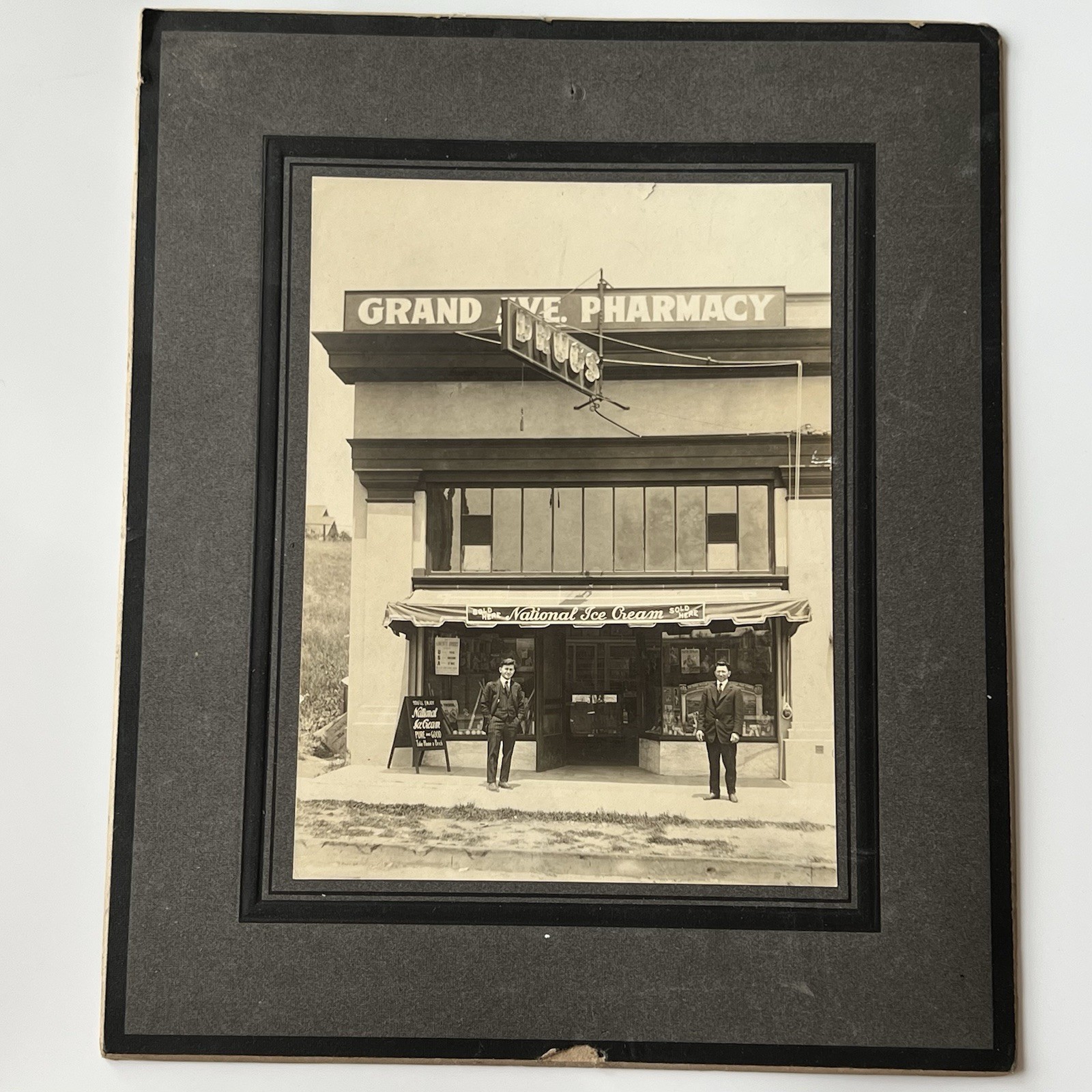 Antique Photograph Board Grand Ave Pharmacy National Ice Cream Store Sign Twins