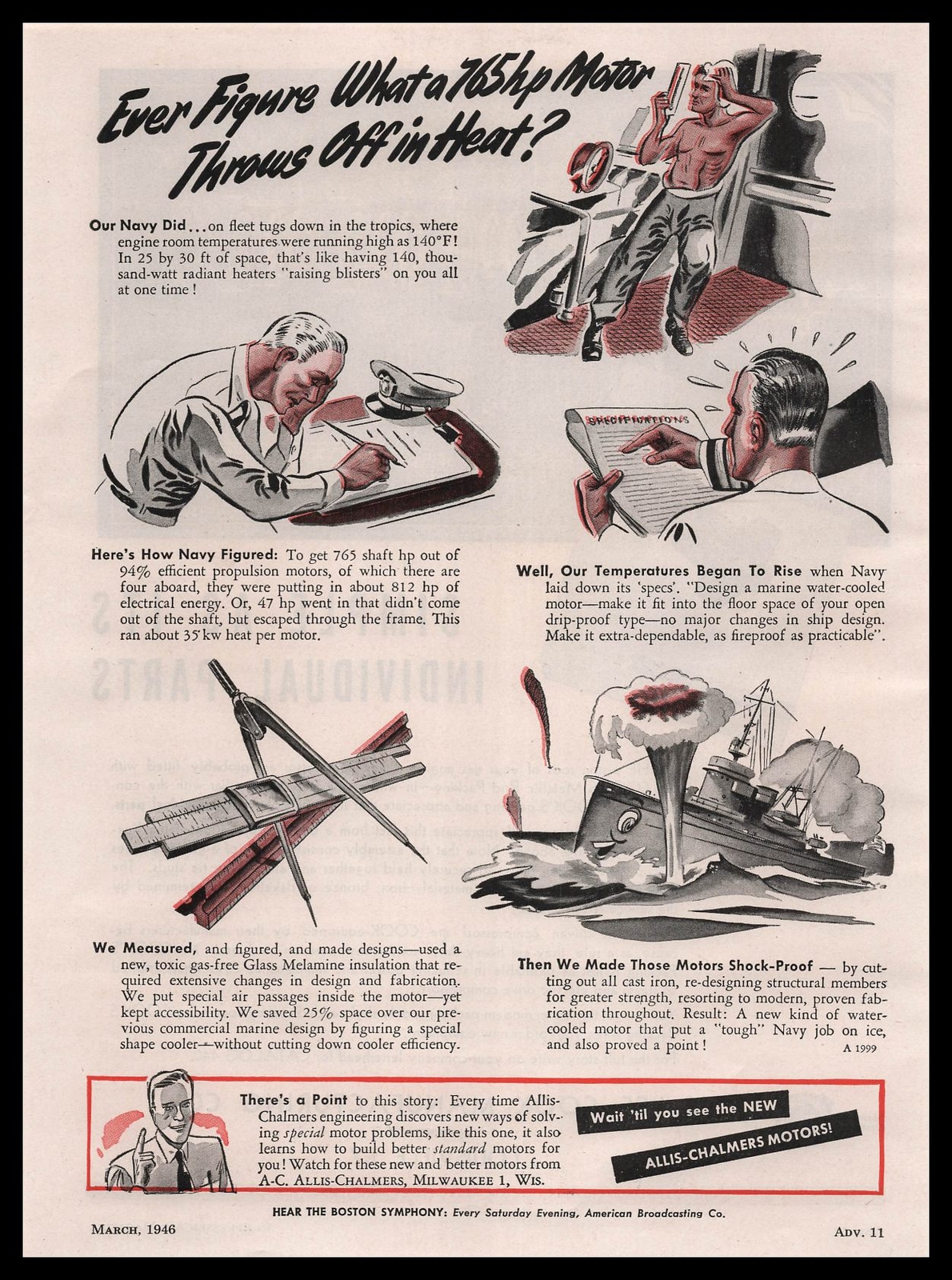 1946 Allis Chalmers 765 HP Propulsion Motor For US Navy Cartoon Vintage Print Ad