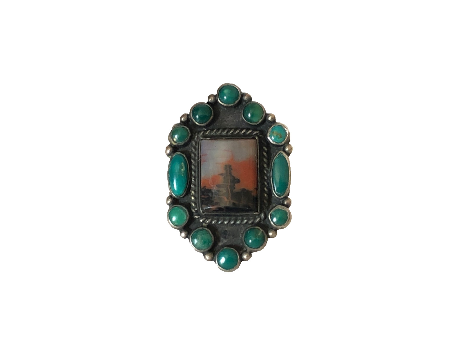 Navajo Turquoise Picture Agate Vintage Ring Sterling Silver 925 Size 7.5 ADJ