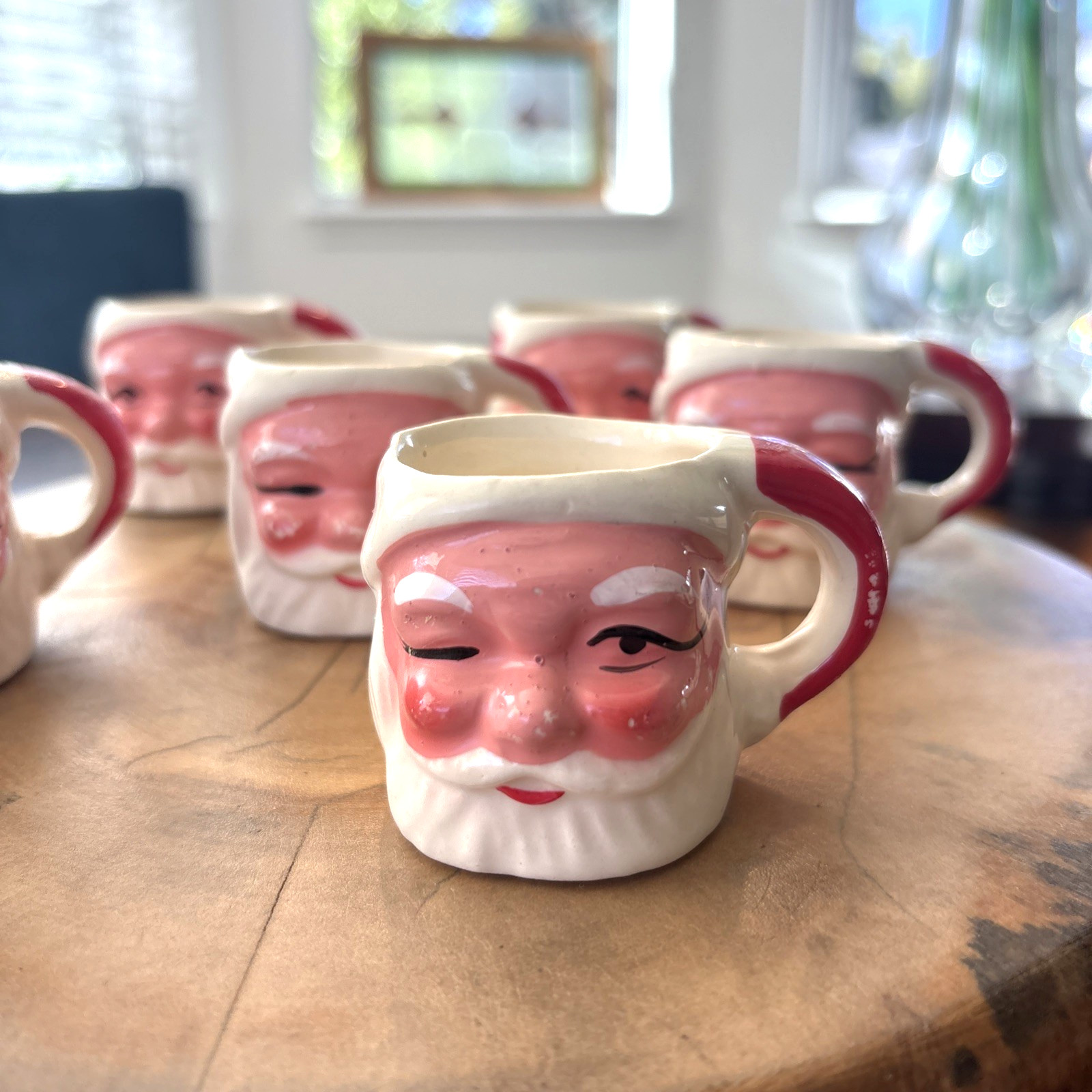 Six Vtg Mid Century Santa Claus Head Mugs 1 3/4\