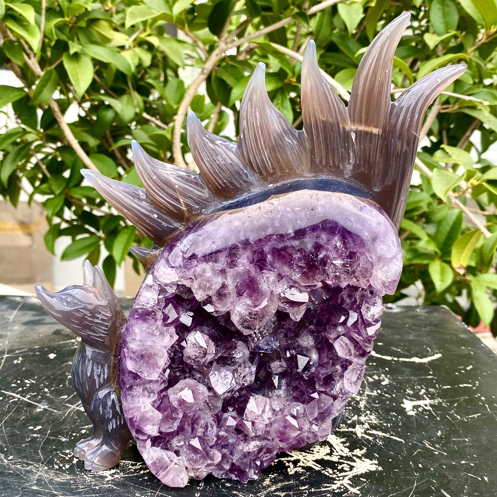4.57LB Natural Agate Geode Hand Carved Nine-tailed Fox Quartz Crystal Decor