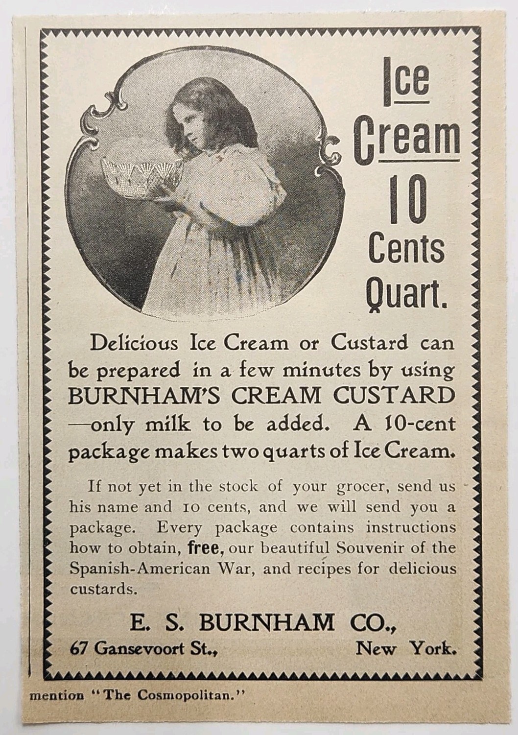 1899 E.S. Burnham Ice Cream Custard Vintage Victorian Original Print Ad NY 4\