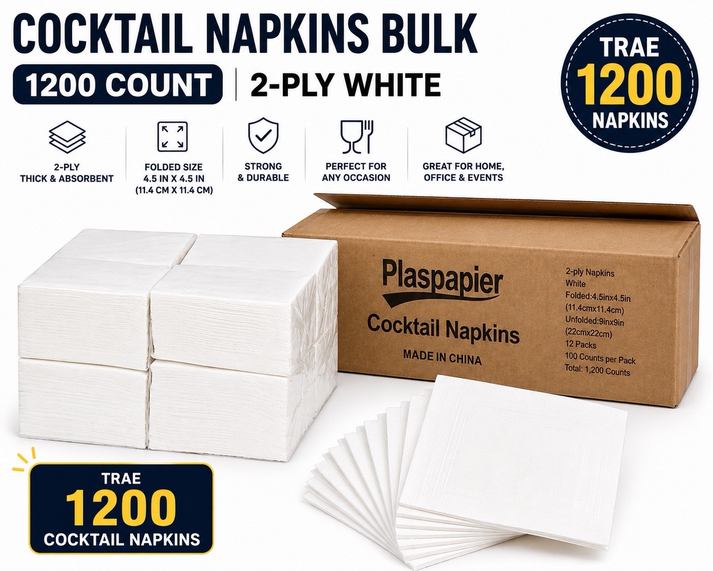 Cocktail Napkins - 1200 Count 2-Ply White Napkins Disposable