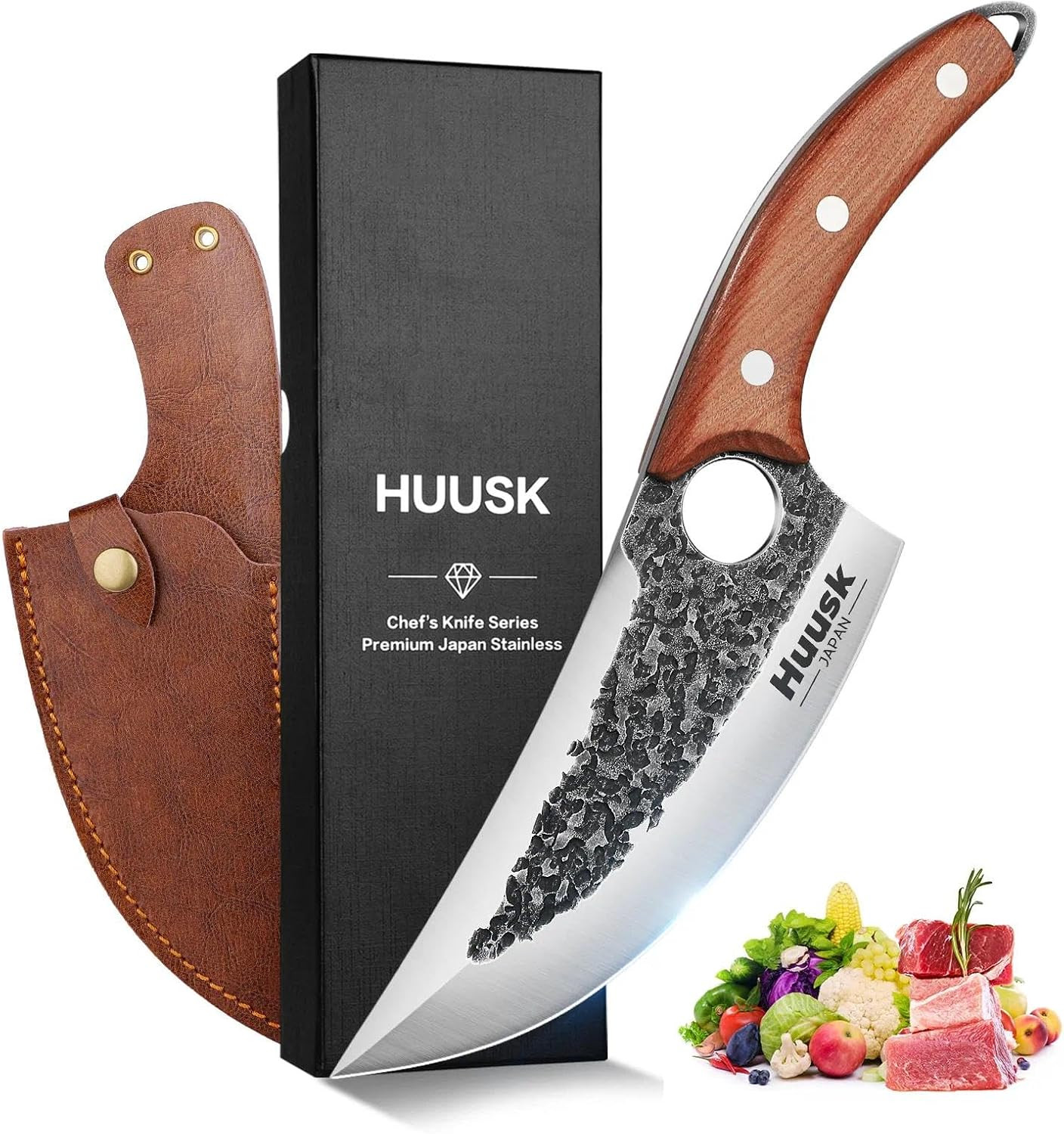 Huusk Hand Forged Viking Butcher Knife with Sheath, Japanese Carbon Steel