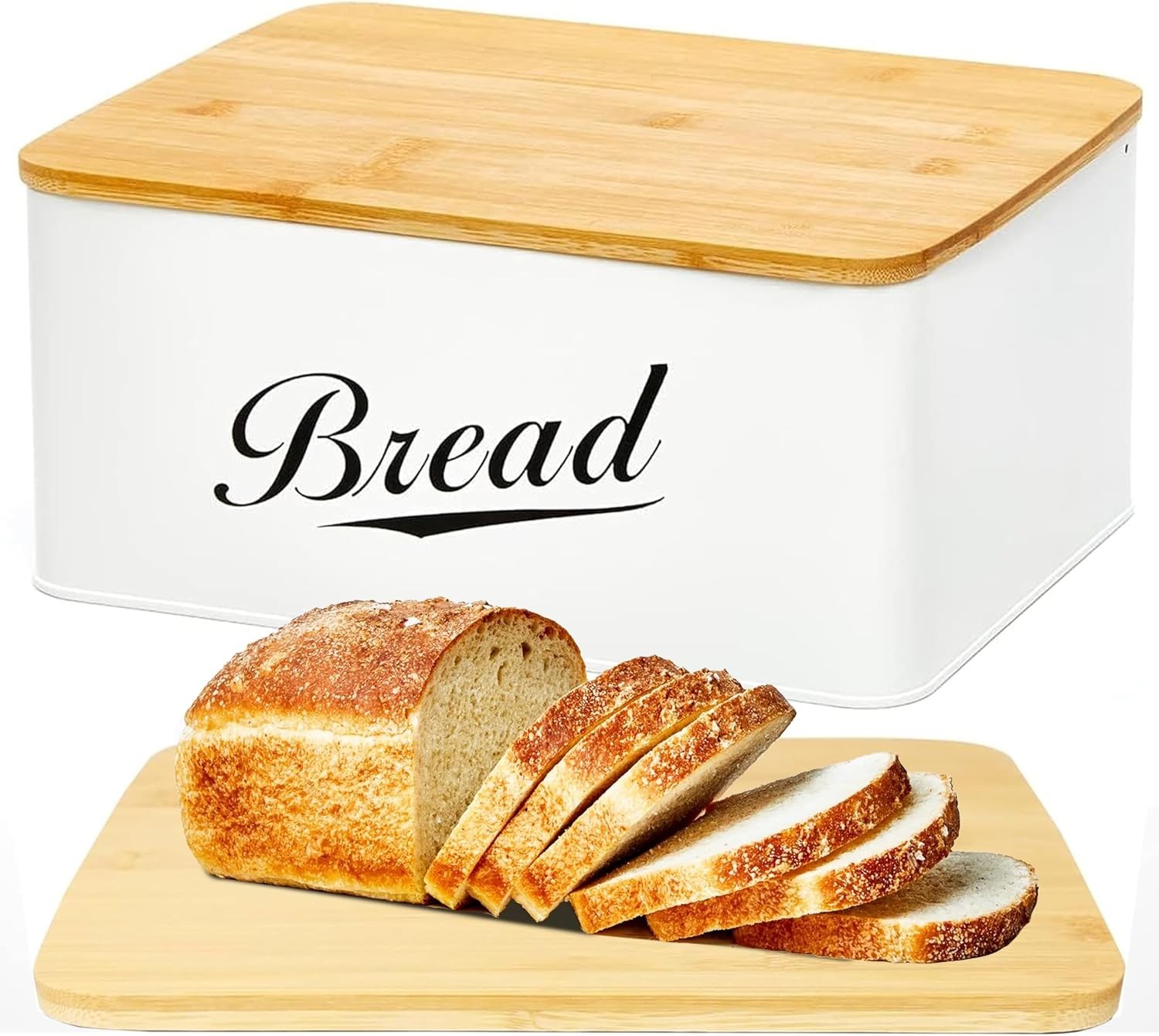 Elegant Modern Metal Bread Box with Bamboo Cutting Board Lid - 2 Loaf Capacity