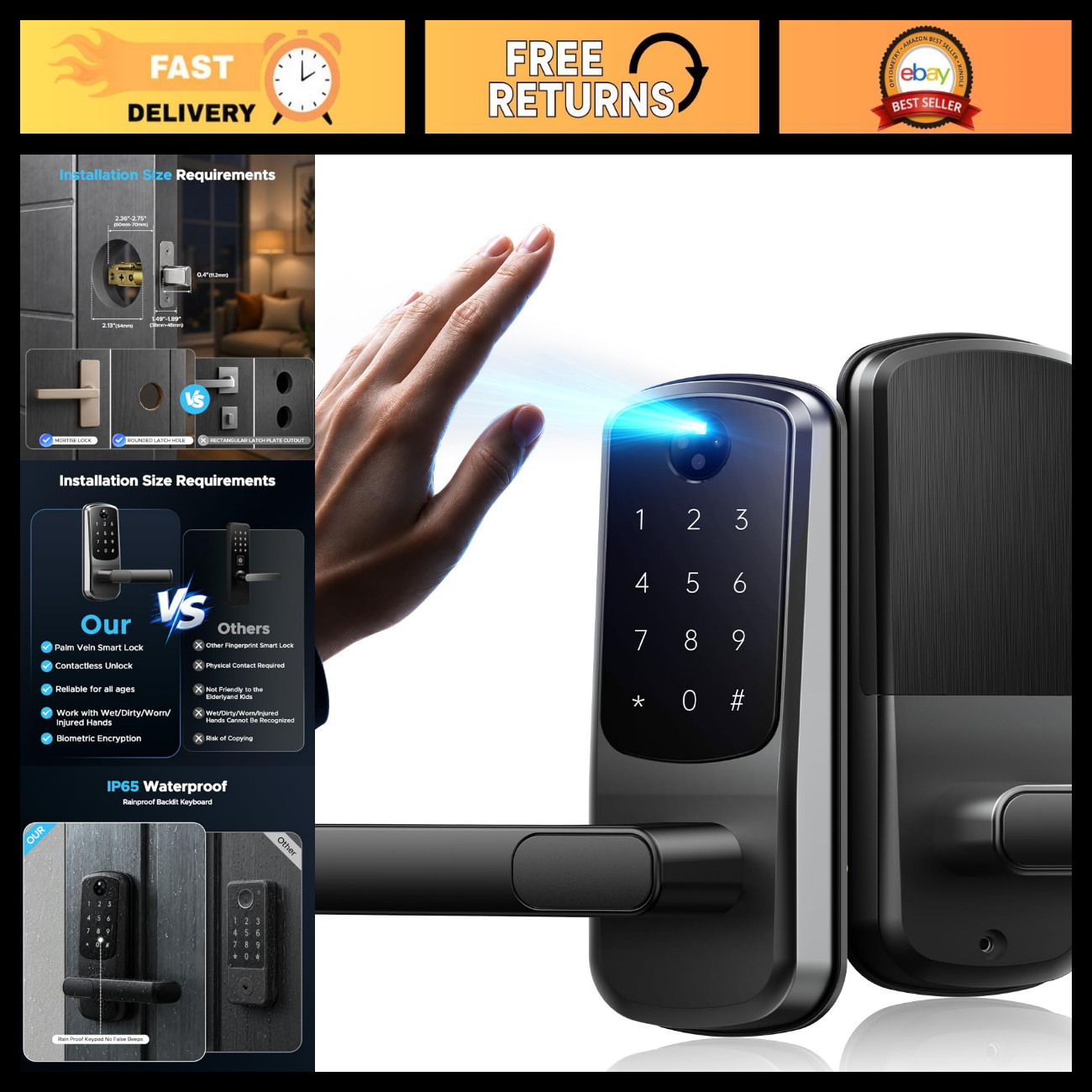 Camcamp Palm Vein Smart Lock, Keyless Entry Door Lock with Handle, Smart Door Lo