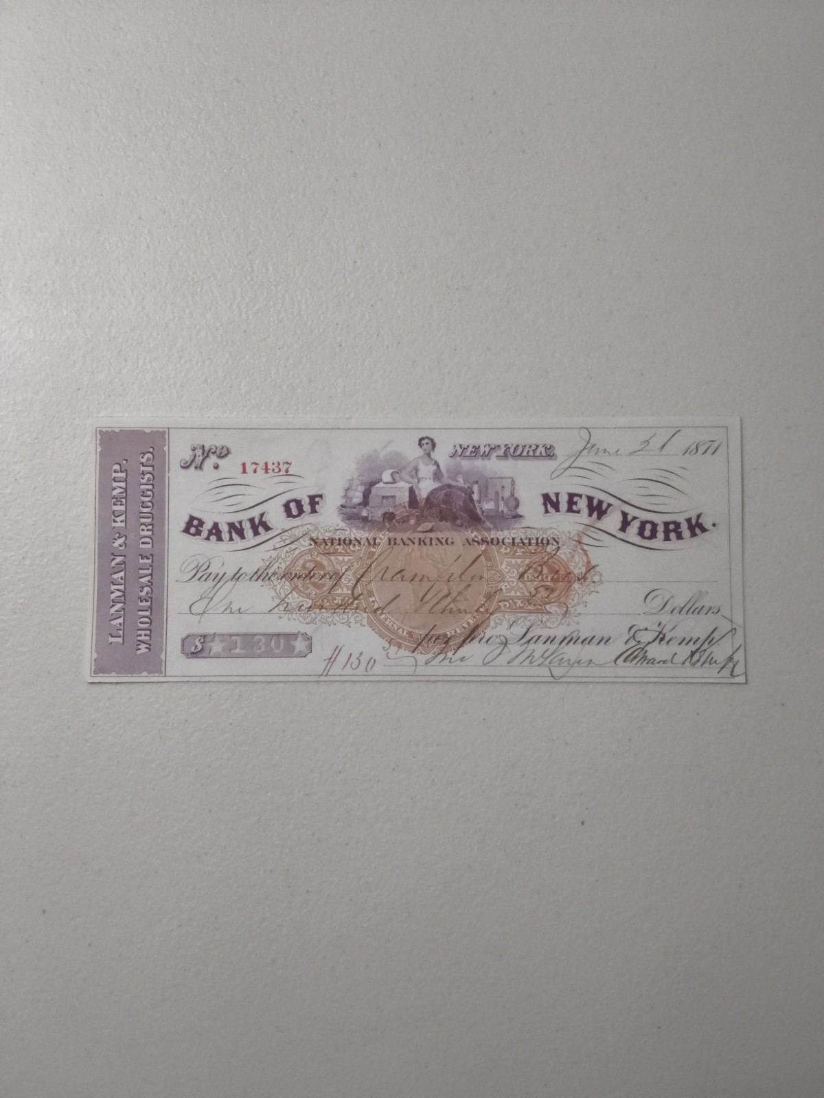 Vintage 1871 Bank Of New York Draft Issued By Wholesale Drugists Lanman And Kemp
