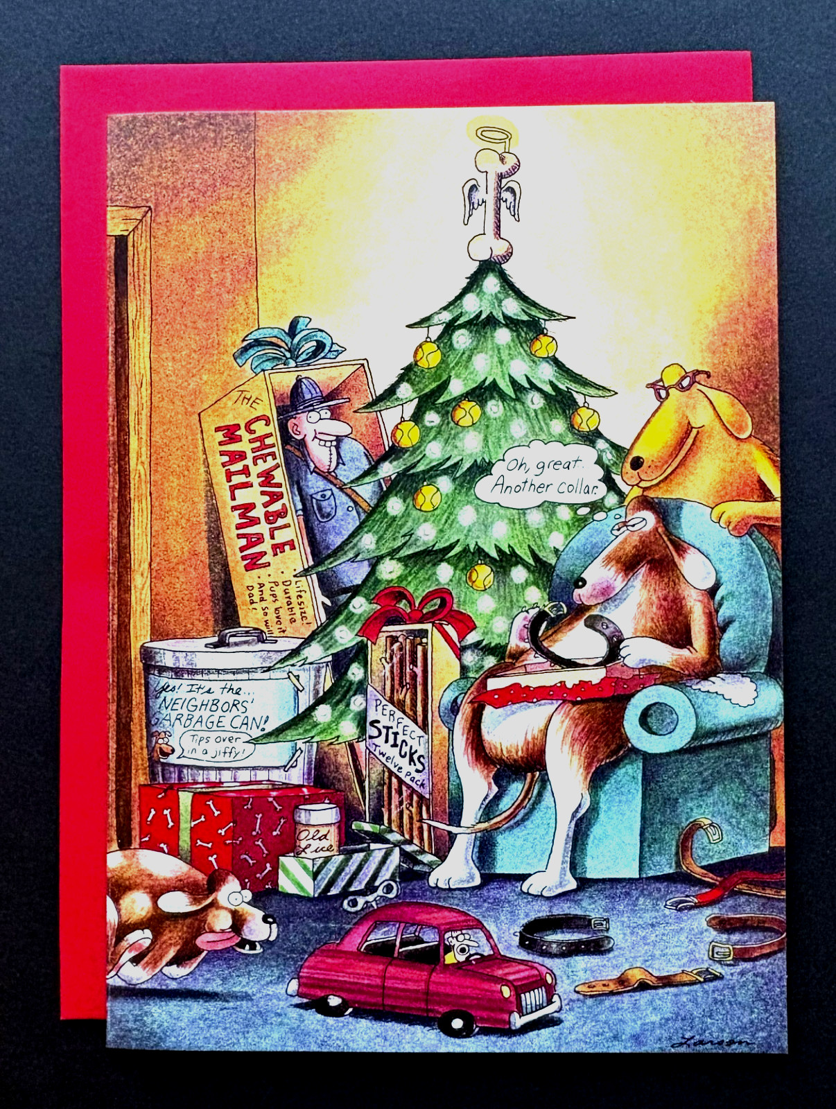 ONE Vintage The Far Side Christmas Card Gary Larson Dog Oh Great Another Collar