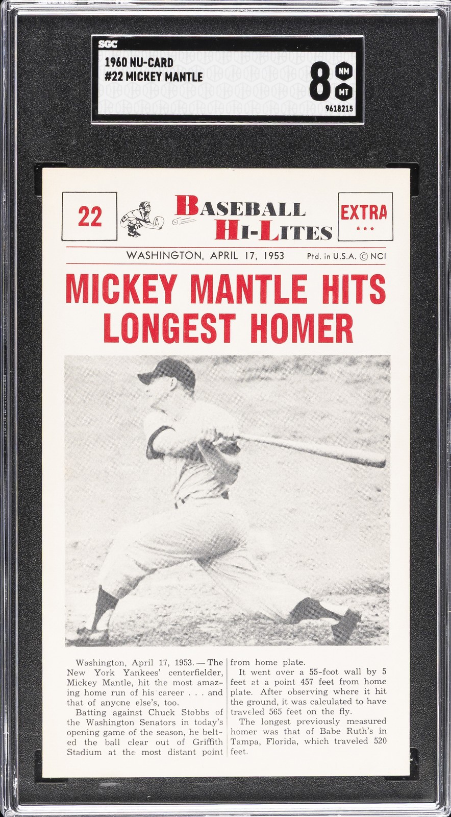 1960 NU-CARD #22 MICKEY MANTLE SGC 8