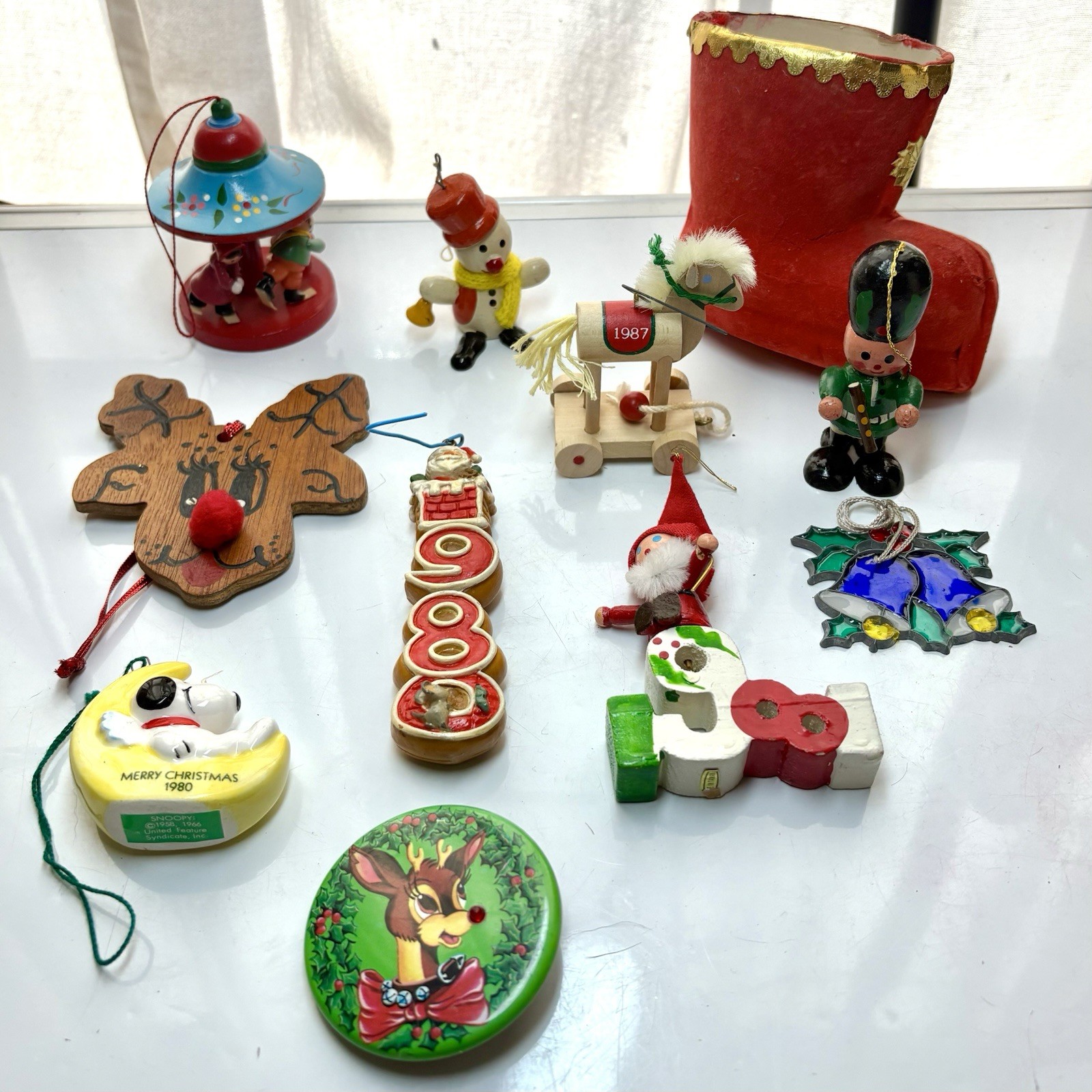 Vtg Christmas Tree Ornaments Wooden Snoopy 1980’s Rudolph Flocked Boot 