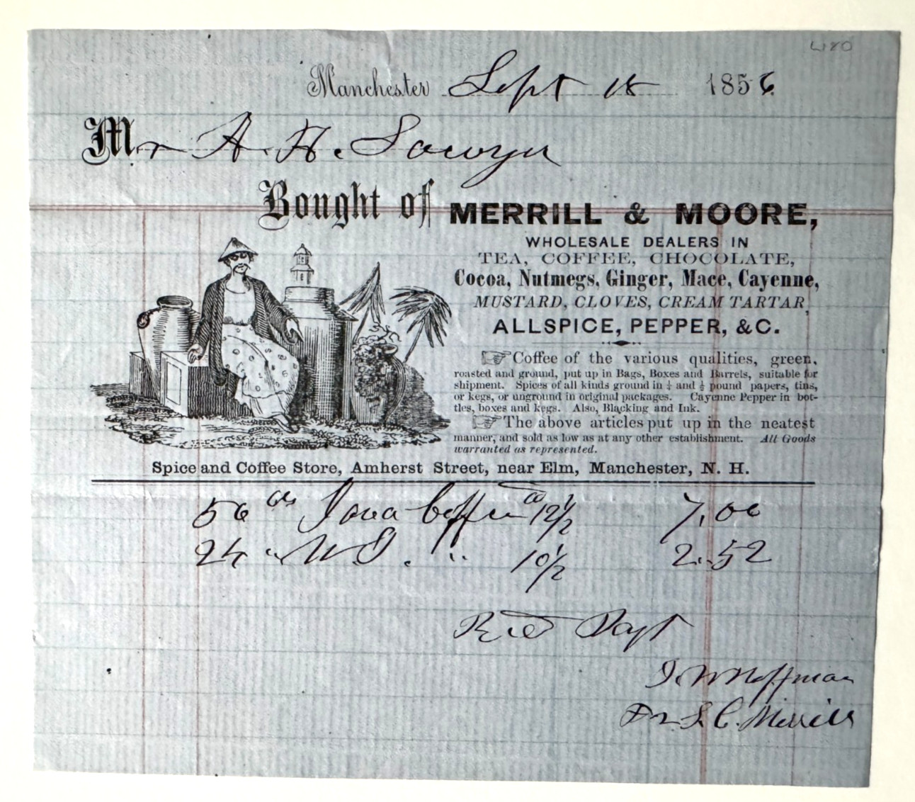 Vintage 1856 Billhead Manchester New Hampshire Merrill & Moore Coffee Tea Cocoa