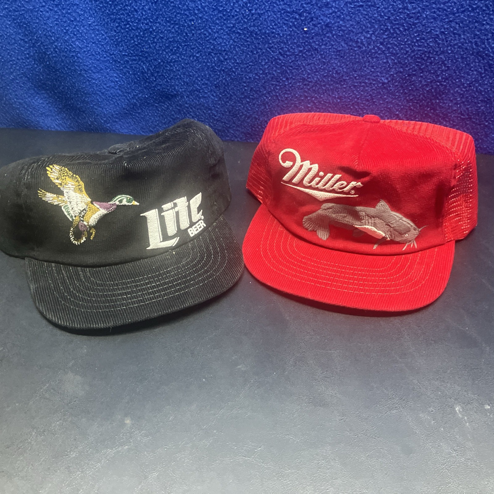 2 Vintage Deadstock Miller Corduroy Snapback Trucker Hat Cap with Catfish Duck