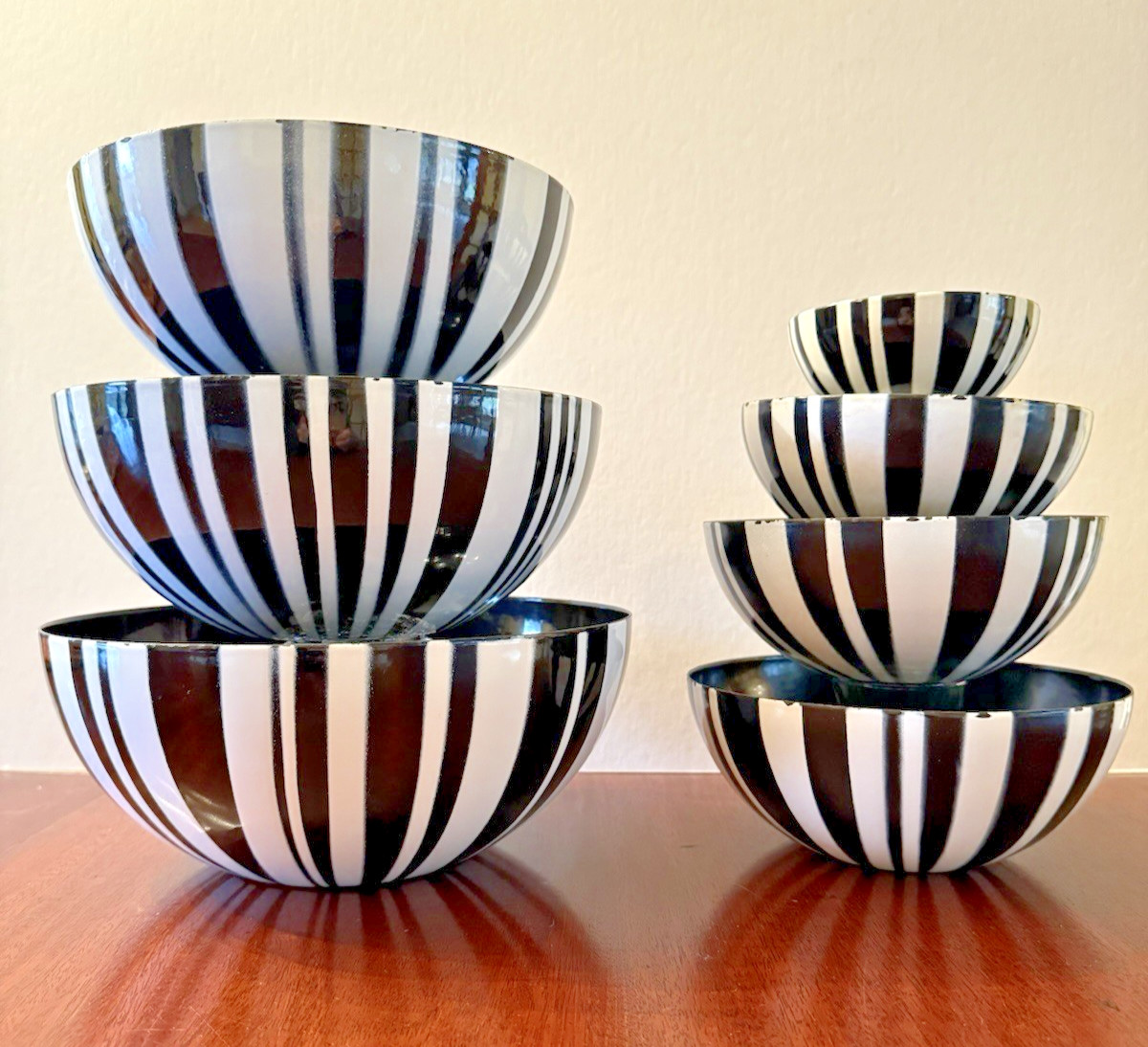 Vintage 1960's Catherineholm Enamelware Nested Set of 7 Bowls Black White Stripe