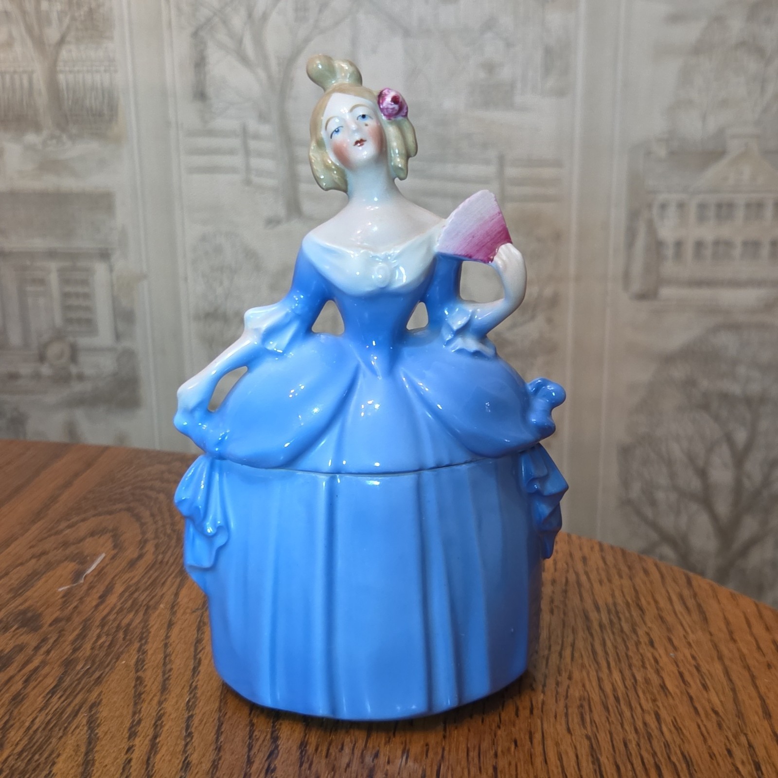 Antique 1920’s Germany MADAME POMPADOUR Dresser Doll Porcelain Powder Jar Blue