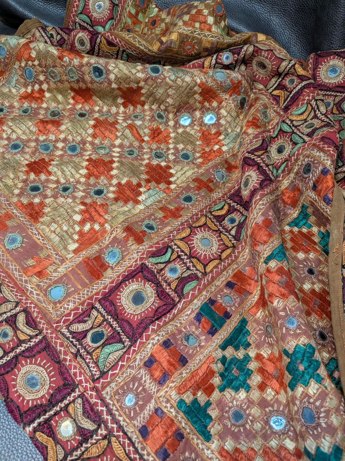 Vintage Indian Shisha Mirror Work Tapestry All Handwork Textile 56x38in Backed