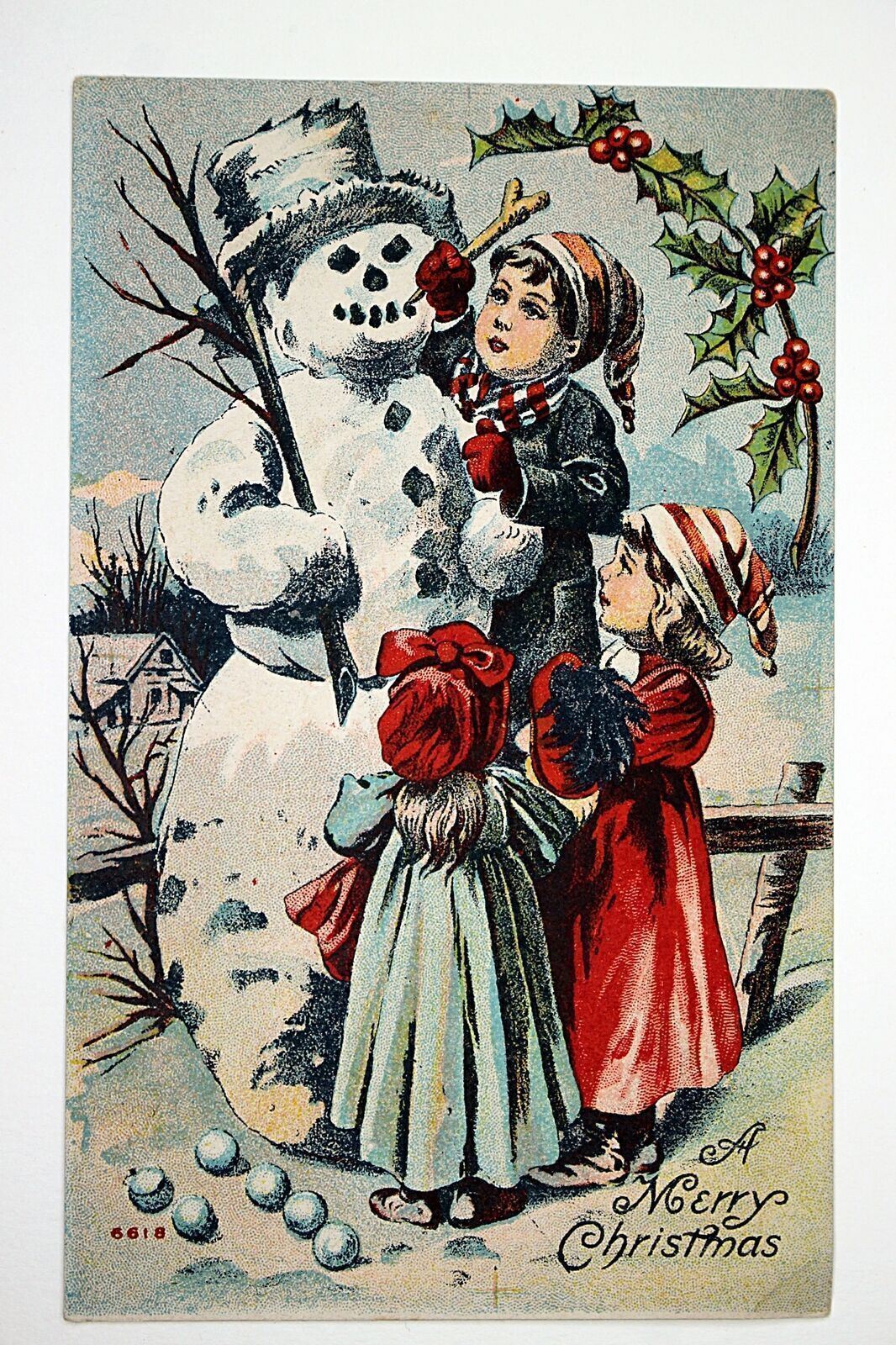 c.1910 Children with Snowman Merry Christmas Postcard Color Lithograph #67