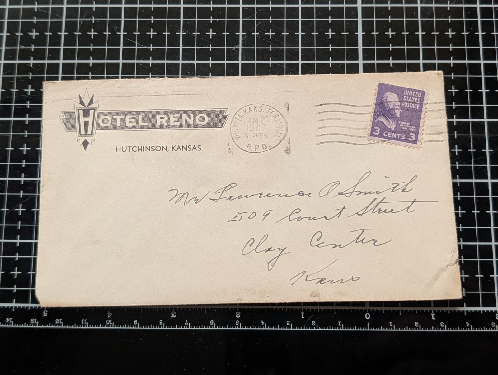 1947 HOTEL RENO HUTCHINSON, KANSAS used envelope