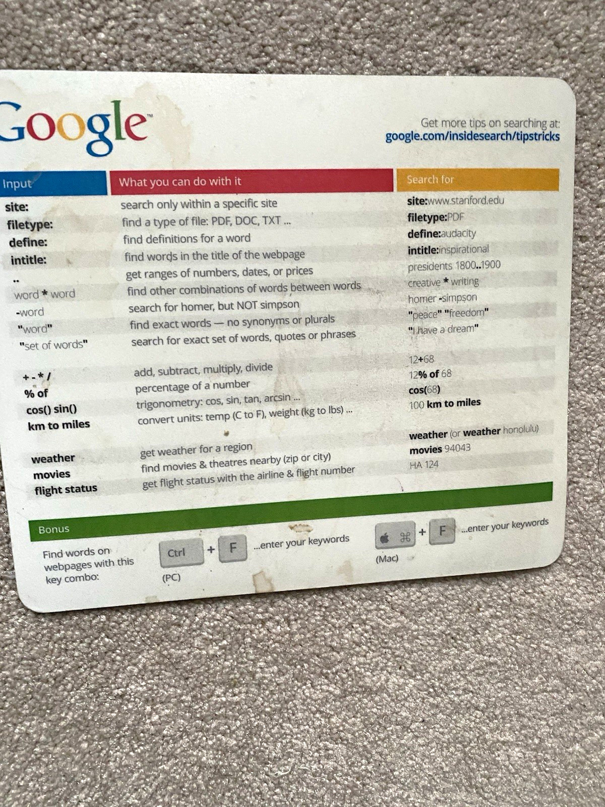 Google Search Tips & Shortcuts Quick Reference Card Mouse Pad. Vintage 90s