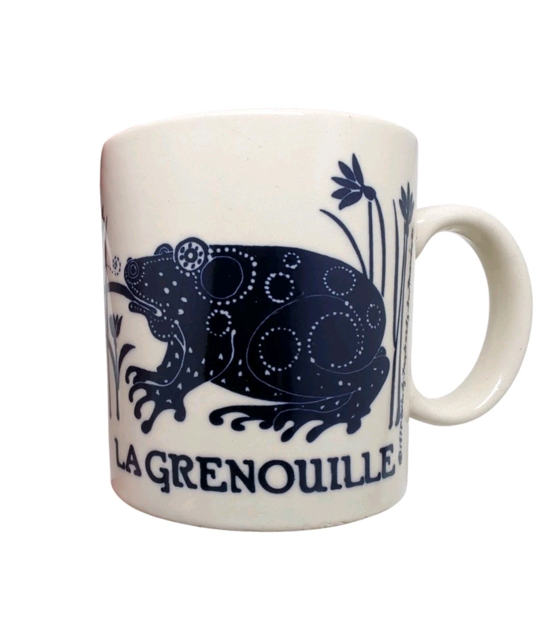 Taylor & Ng Blue La Grenouille Ceramic Mug Frog Dragonfly Butterfly 1978 Smudged