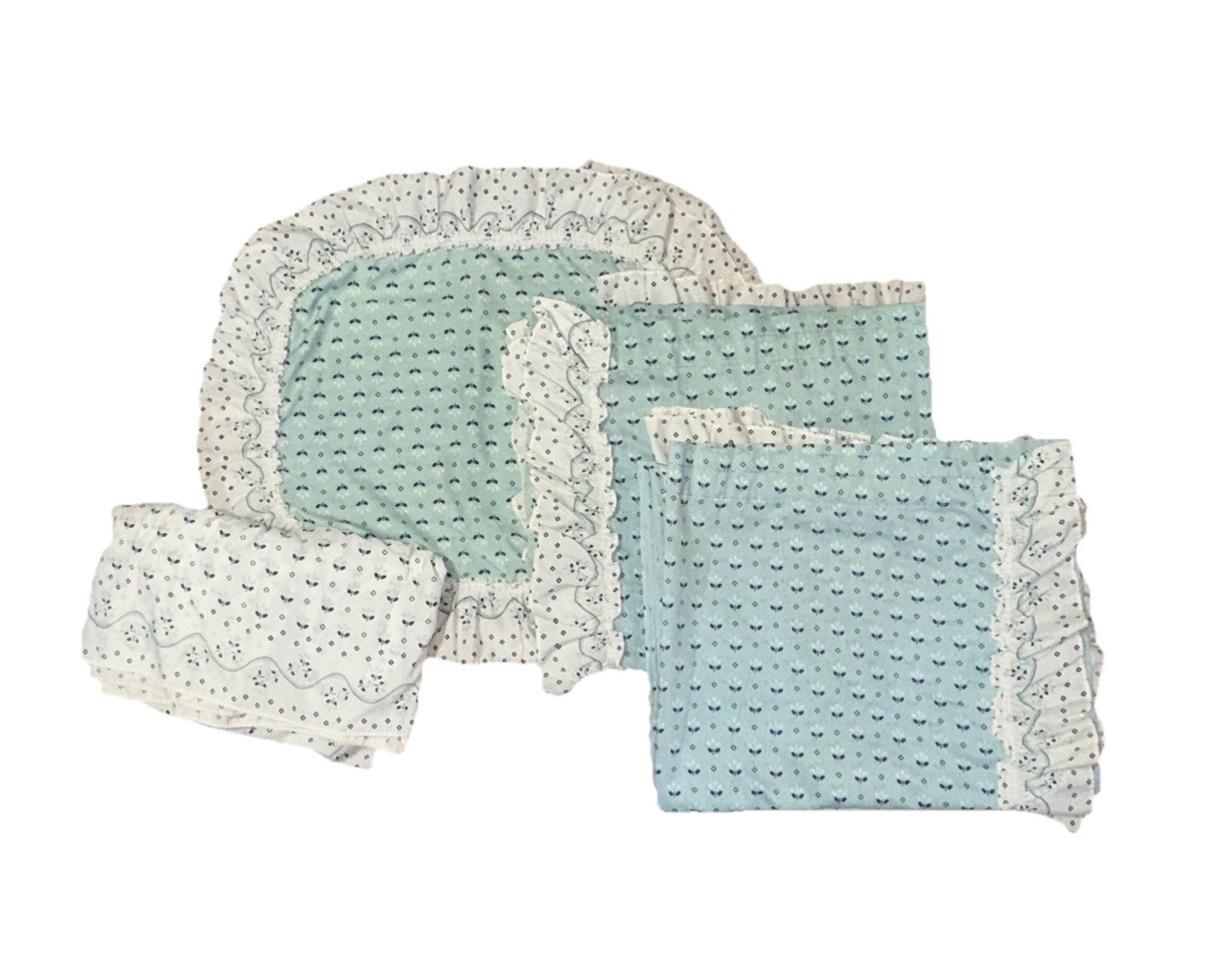 The Bibb Co Vintage Set of 7 Bedding & Curtains Blue-Green Retro Bedroom Cottage