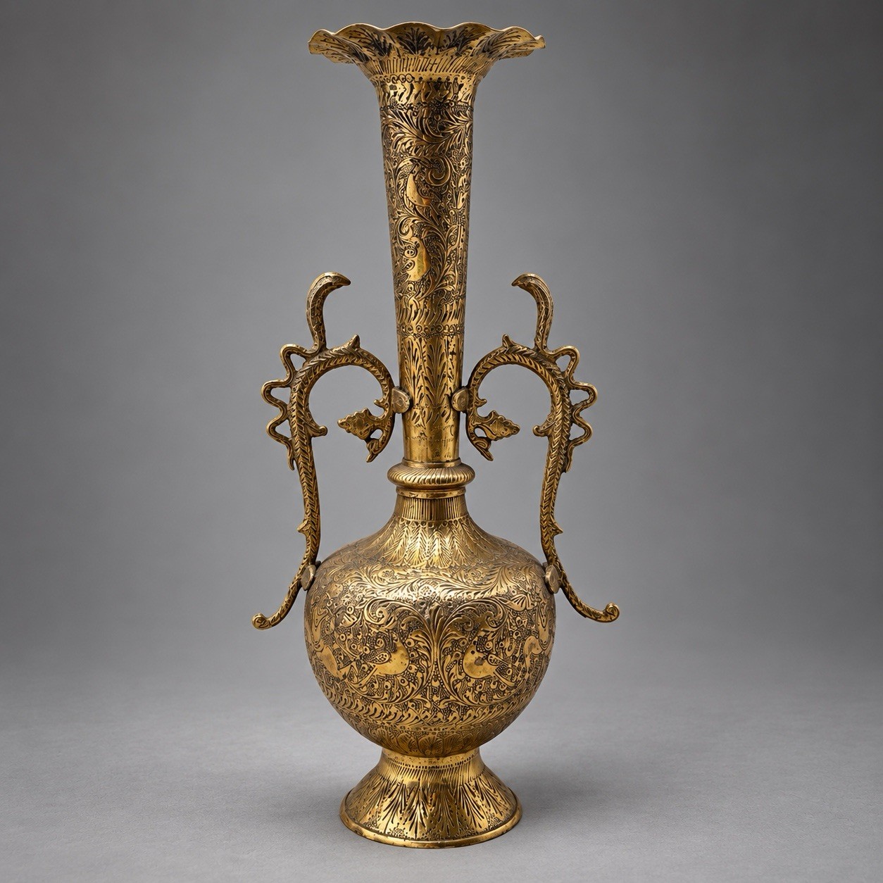 Vintage Brass Vase Flower Two Handles Vase 13” Engraved Design