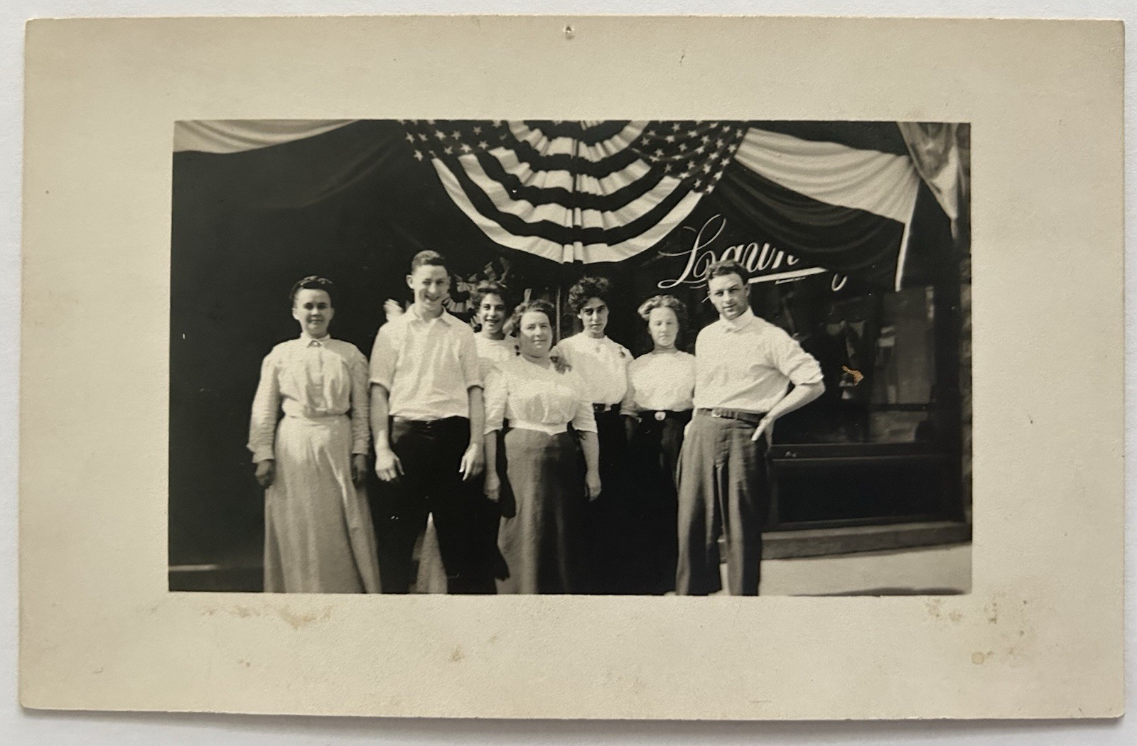 Vintage RPPC - Real Photo Postcard - Early Laundry Business Group American Flag