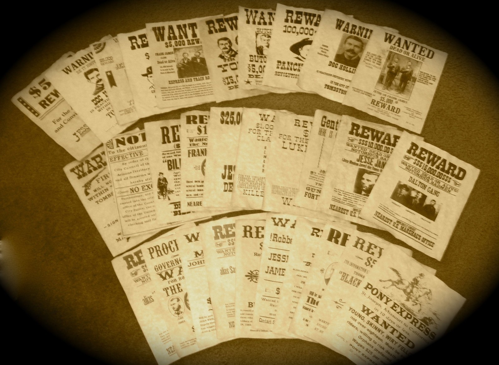Old West Outlaws Wanted Posters Large Lot of 30 Jesse James Wyatt Earp Tombstone