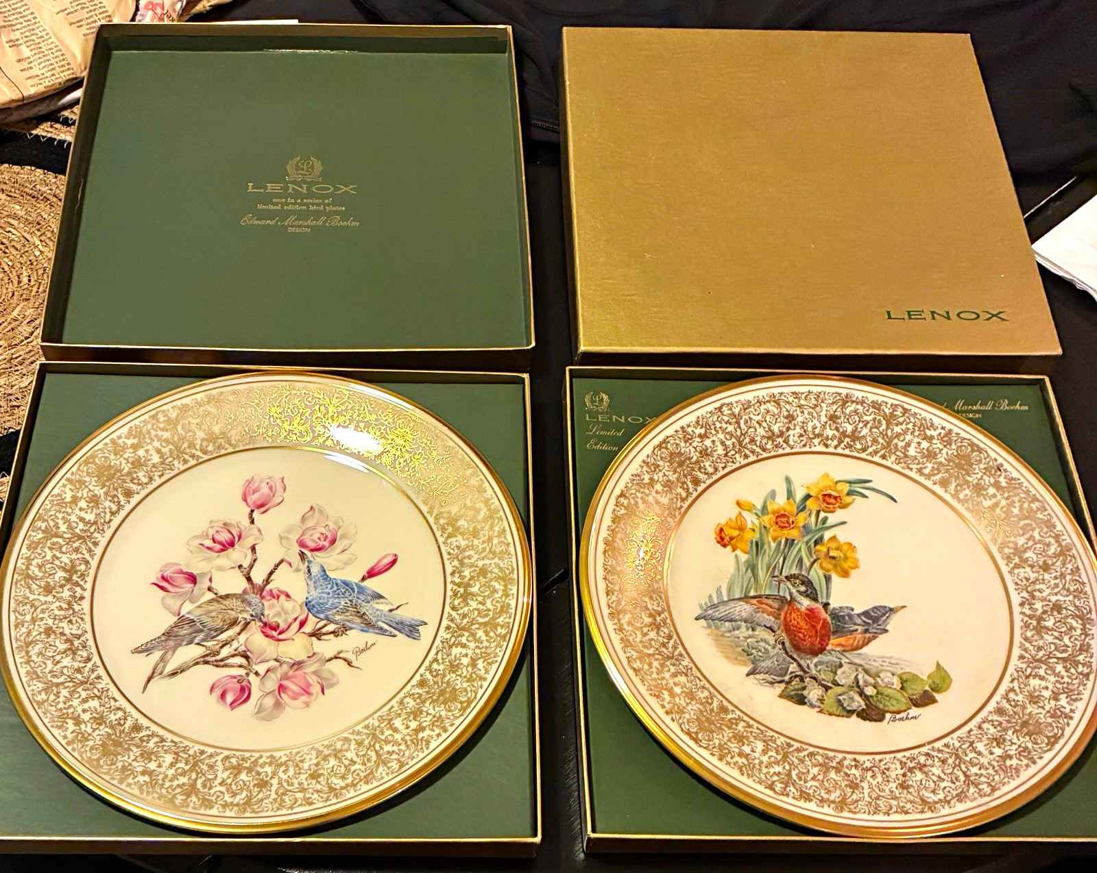 Lenox Boehm Birds Plates Robin 1977 Mountain Bluebird 1972 Set of 2 w Boxes