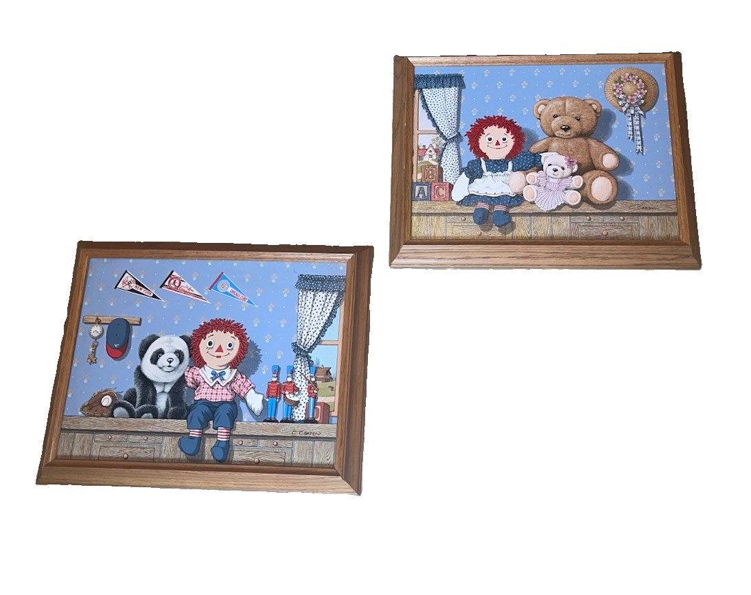 2 nice C. Carson Raggedy Ann & Andy Vintage Canvas Art Pictures Oak Framed 