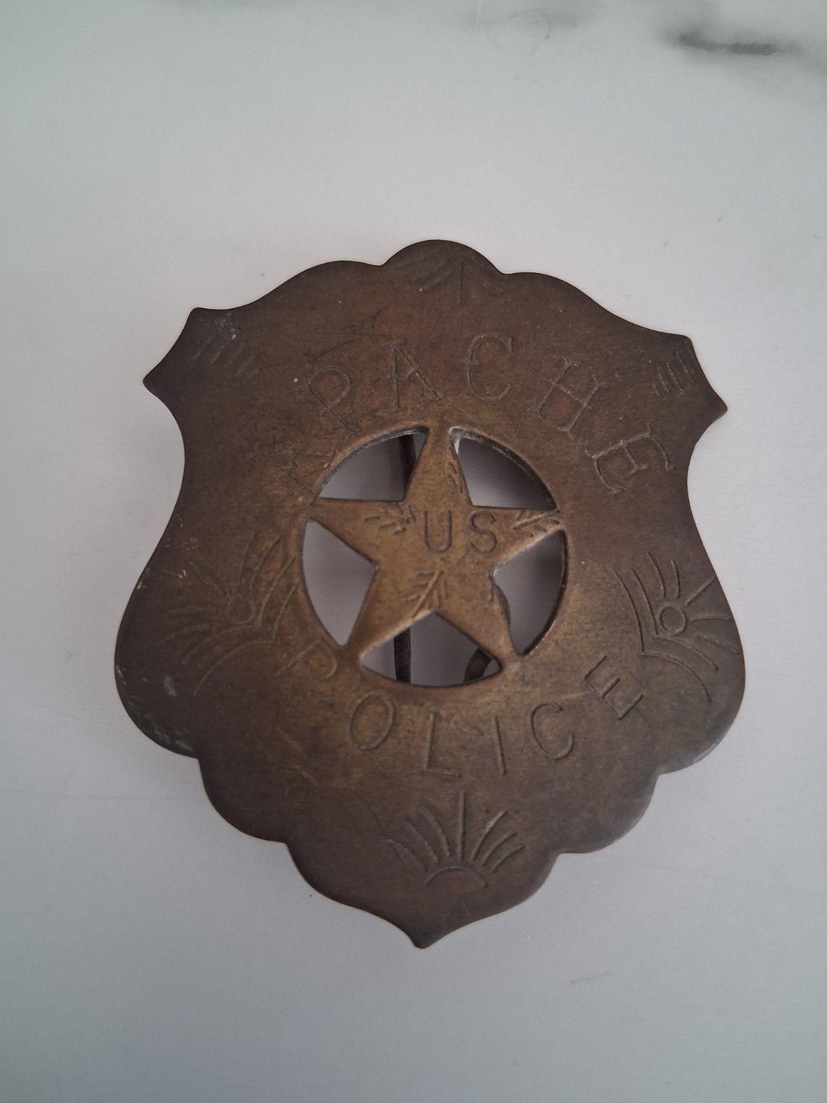 Vintage Apache Police Badge U.S. Star Design Brass Shield Pinback Collectible