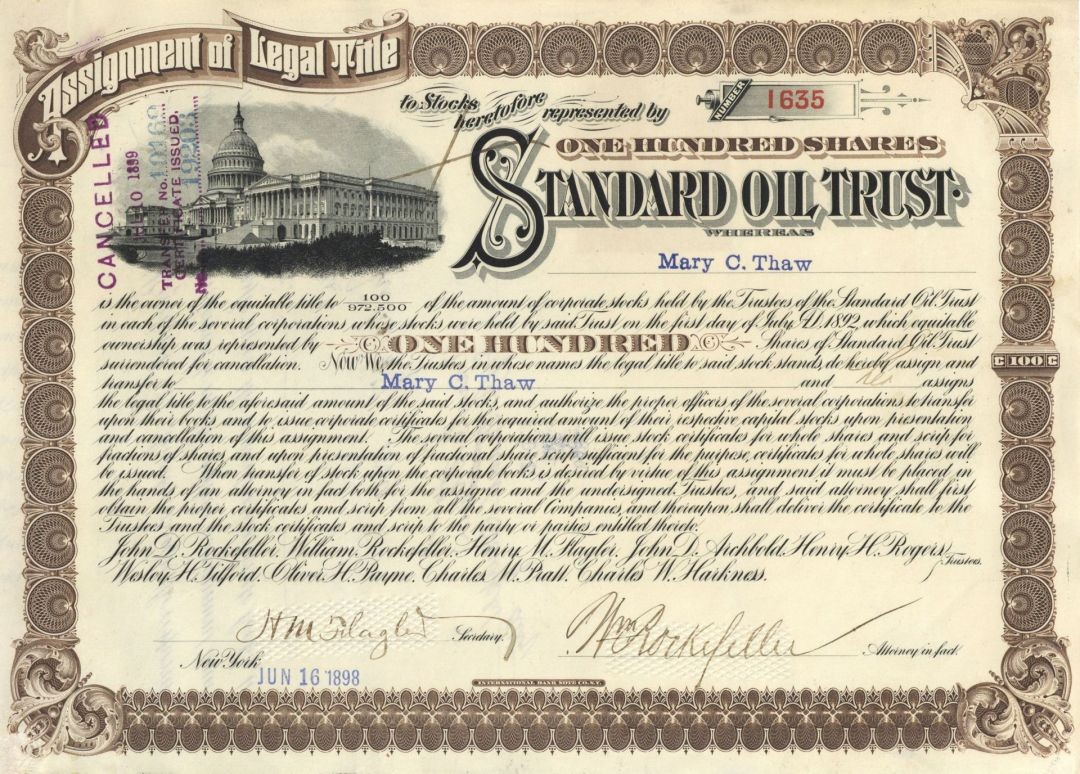 Standard Oil Trust Stock Certificate signed by William Rockefeller and Henry F