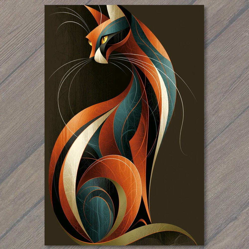 POSTCARD Abstract Cat Stylized Whiskers Orange Blue Modern Fantasy Surreal